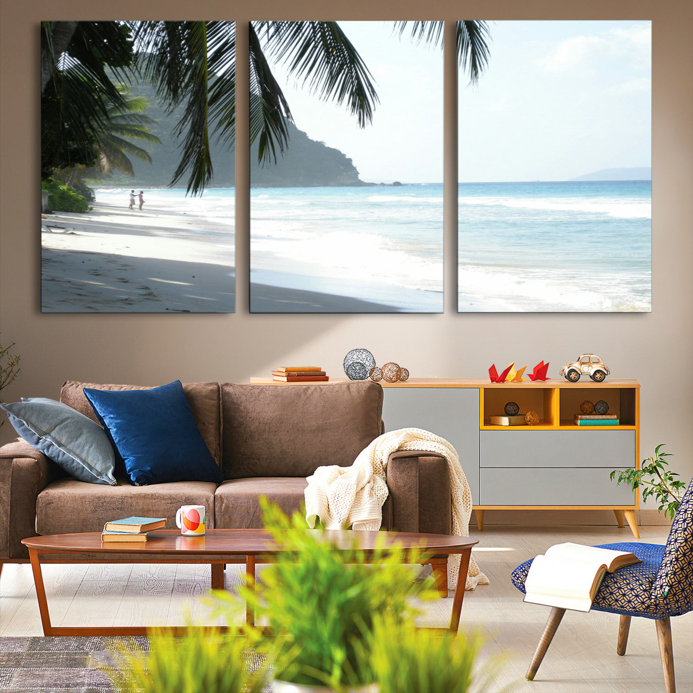 -Tropical Beach Wall Art Canvas Print – Framed Serene Ocean Scene Palm Tree Shadows Coastal Nature Artwork for Home Office