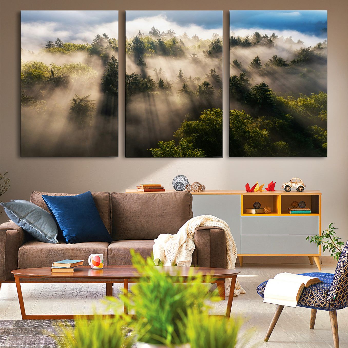 -Tranquil Forest Scene Wall Art Canvas Print – Framed Moody Sunbeam Through Trees Nature Artwork for Home Office