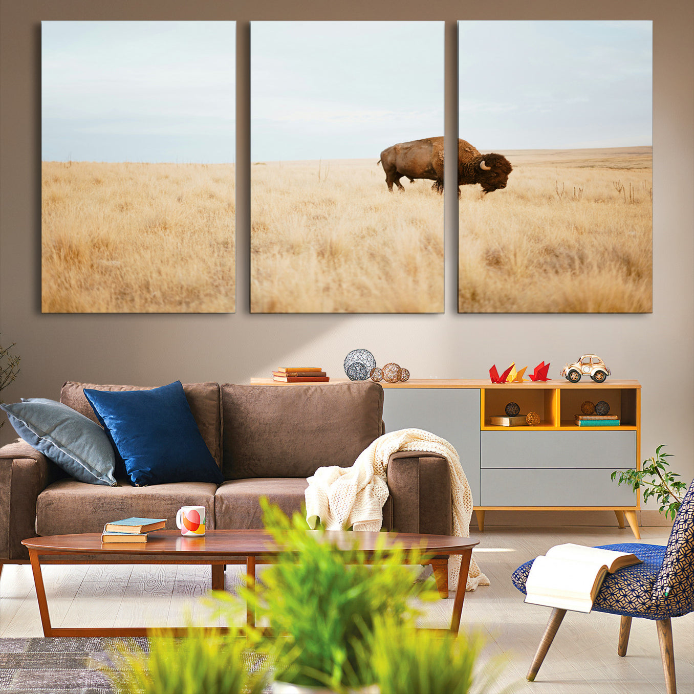 -Buffalo Wall Art Canvas Print – Framed Western Wildlife Rustic Prairie Scene Nature Artwork for Home Office