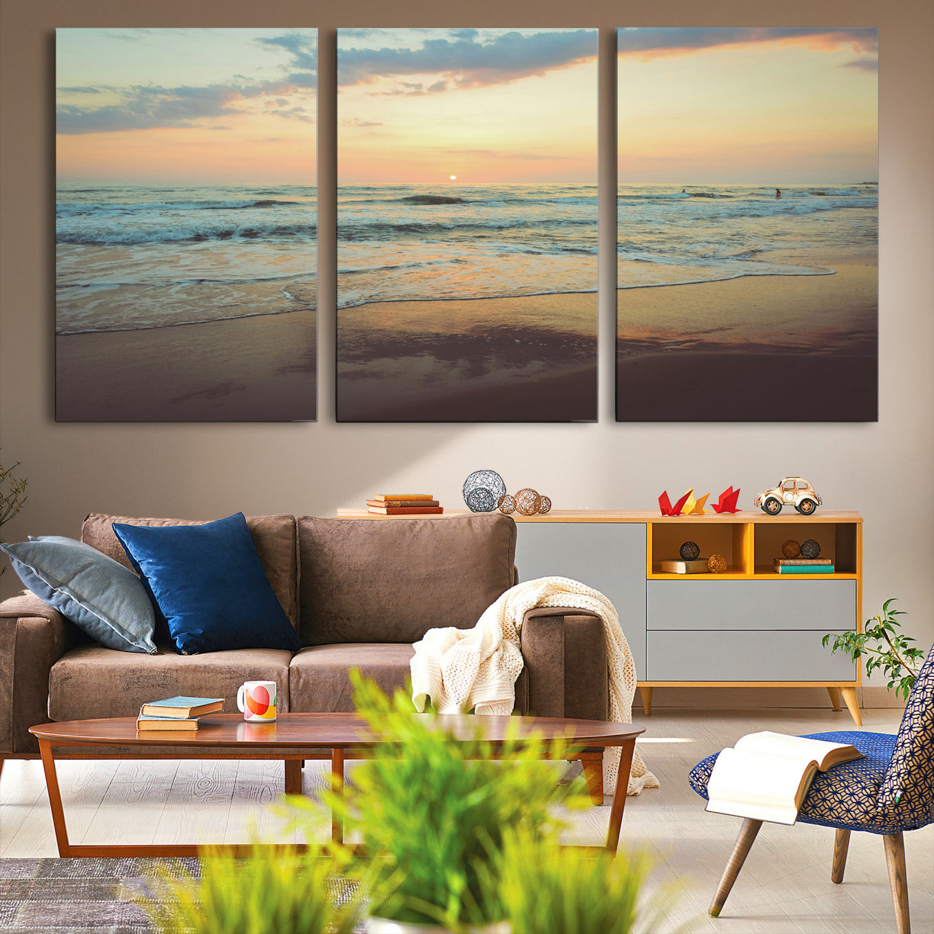 -Sunset Seascape Wall Art Canvas Print – Framed Pastel Ocean View Tranquil Beach Scene Nature Artwork for Home Office