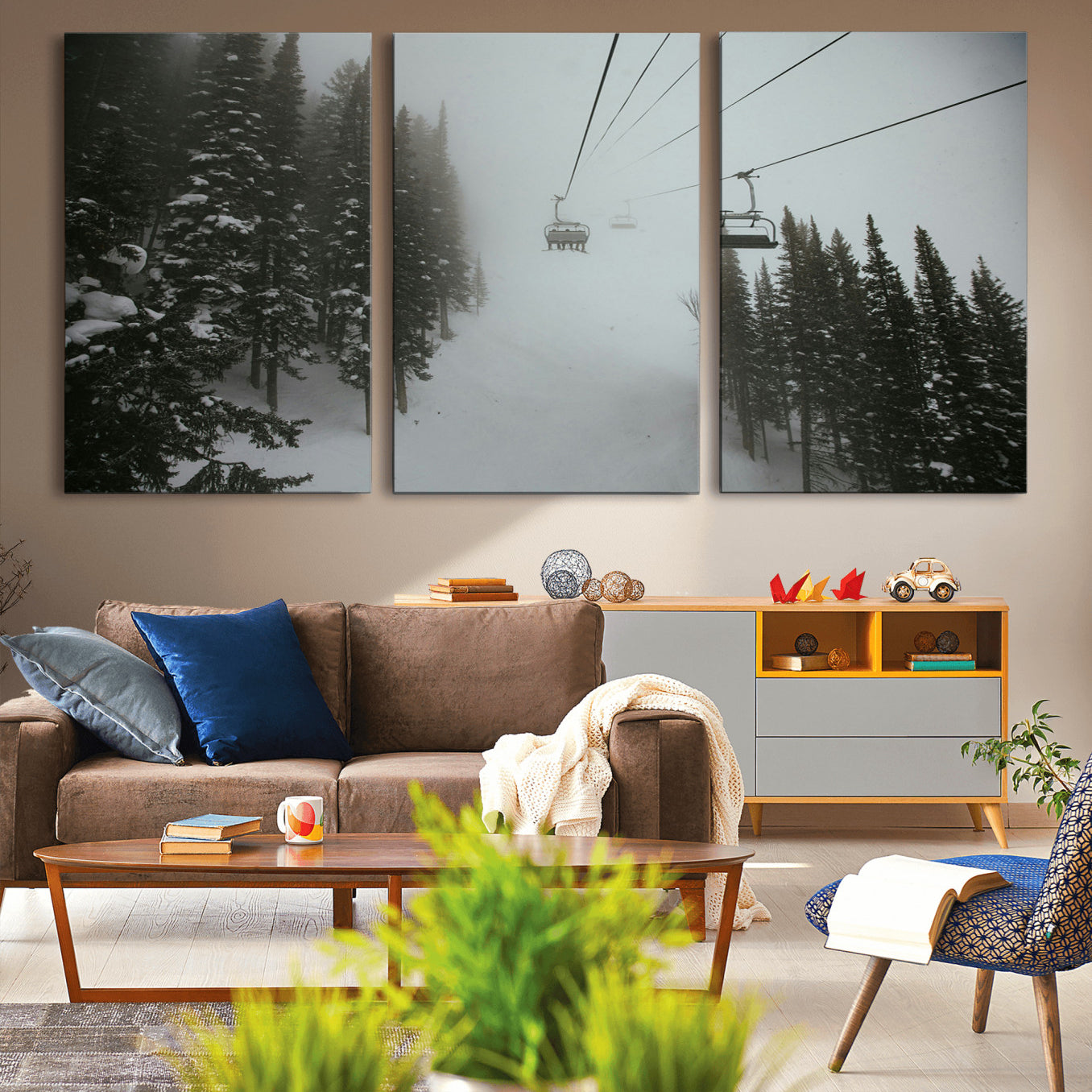 87018452-MGV-CV-36X24-Ski Lift Wall Art Canvas Print – Snowy Pines Misty Landscape Winter Serenity Artwork for Home, Office Decor