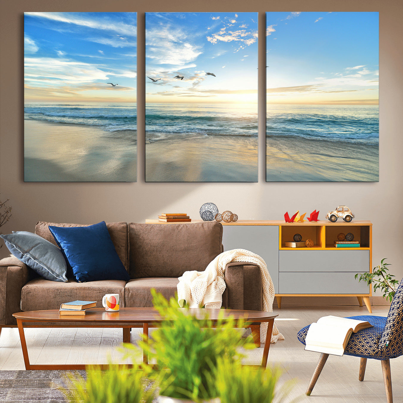 MGV-CV-60X30-3P - Minimalist Seaside Wall Art Canvas Print, Framed Morning Glow Art Picture Print, Golden Reflections Perfect Coastal Minimalist Decor Artwork