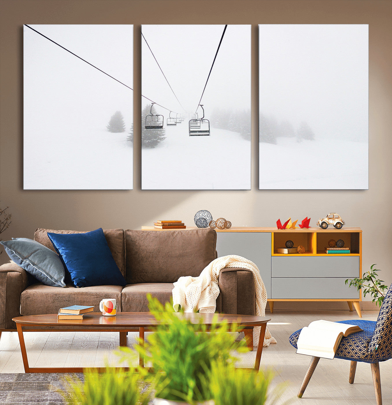 -Ski Lift Wall Art Canvas Print – Snowy Alpine Landscape Nordic Adventure Winter Mountains Artwork for Home, Office