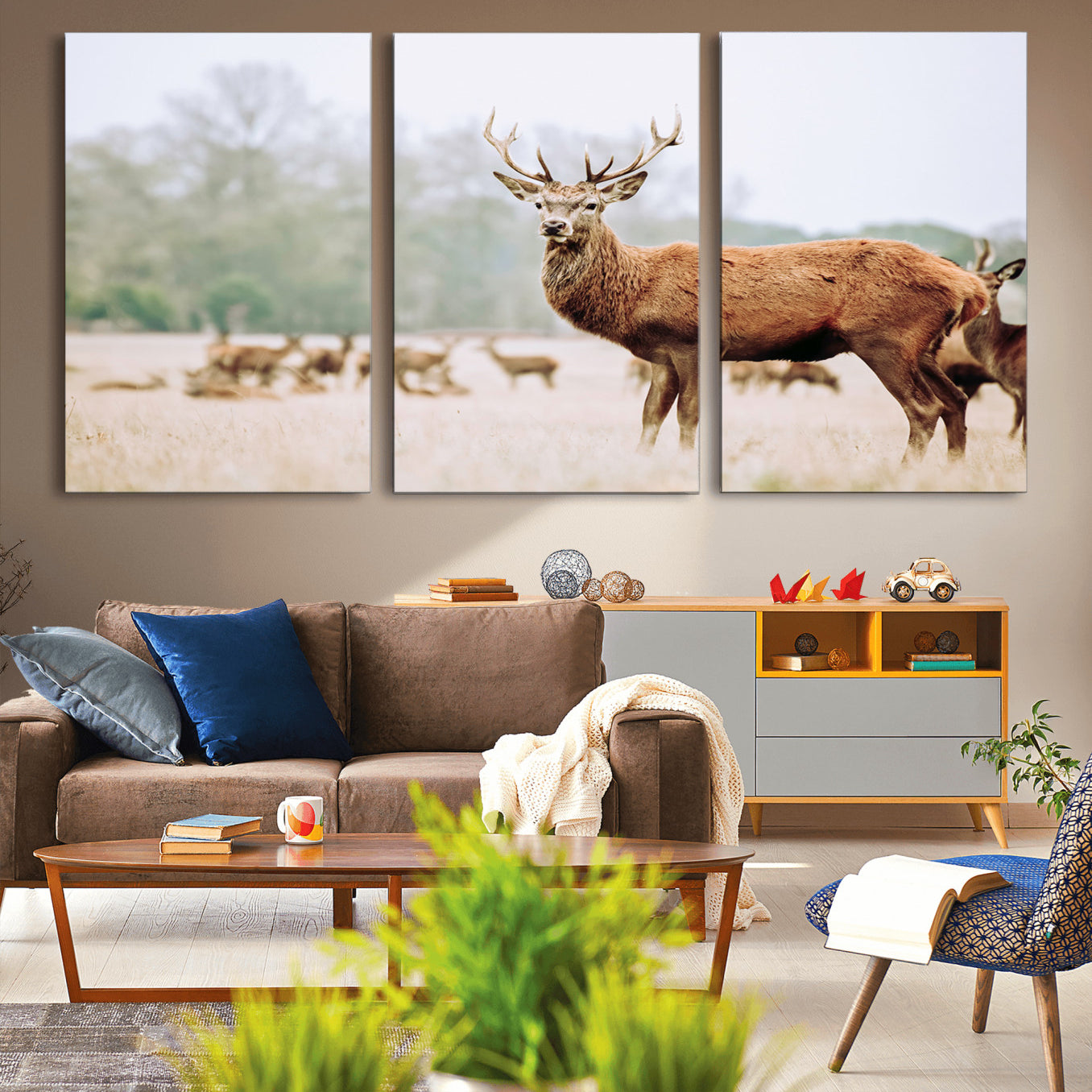 -Rustic Deer Wall Art Canvas Print – Forest Woodland Stag Nordic Animal Scenic Nature Artwork for Home, Cabin