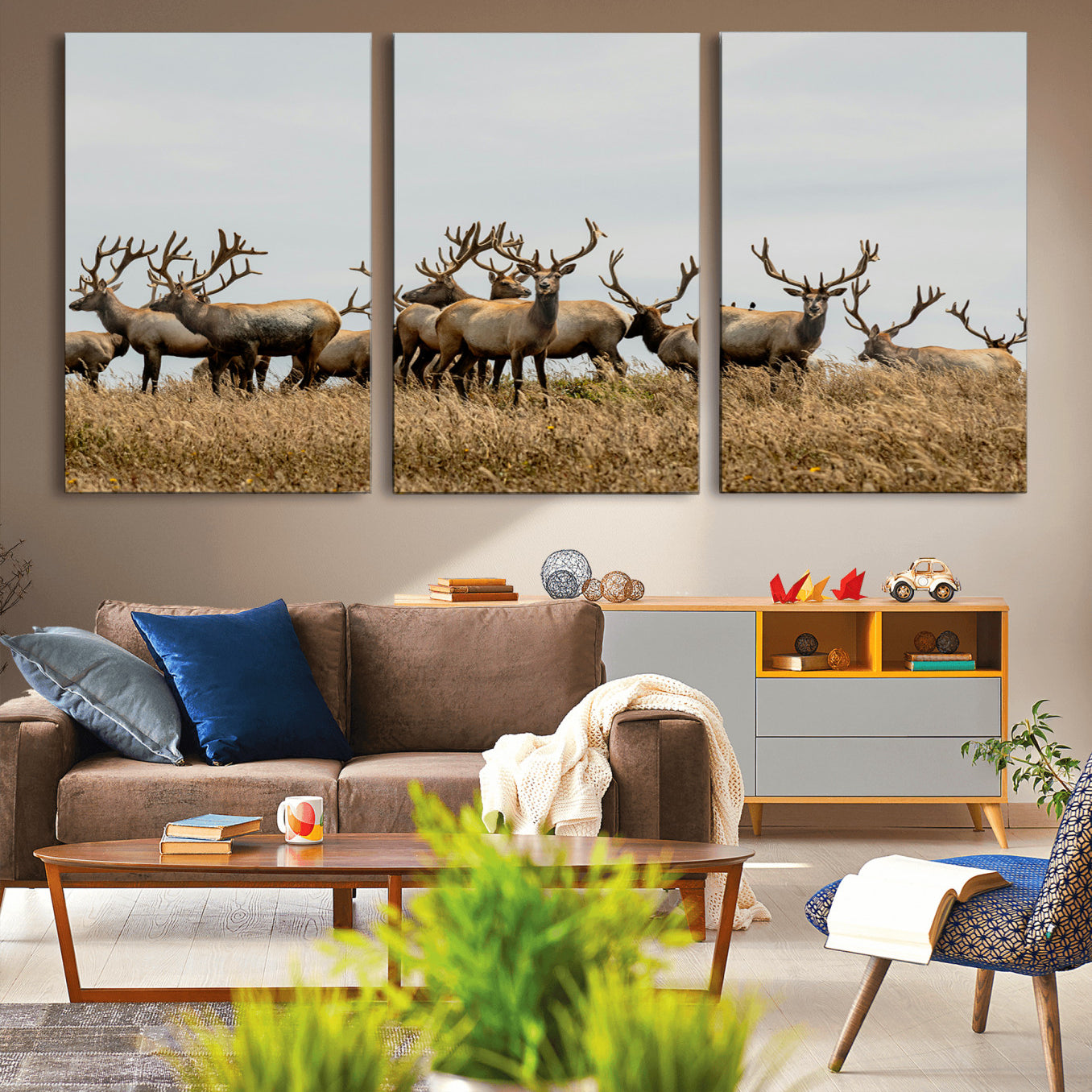 42170220-MGV-CV-36X24-Elk Herd Wall Art Canvas Print – Framed Wildlife Photography Majestic Antlers Nature Scene Artwork for Home Office