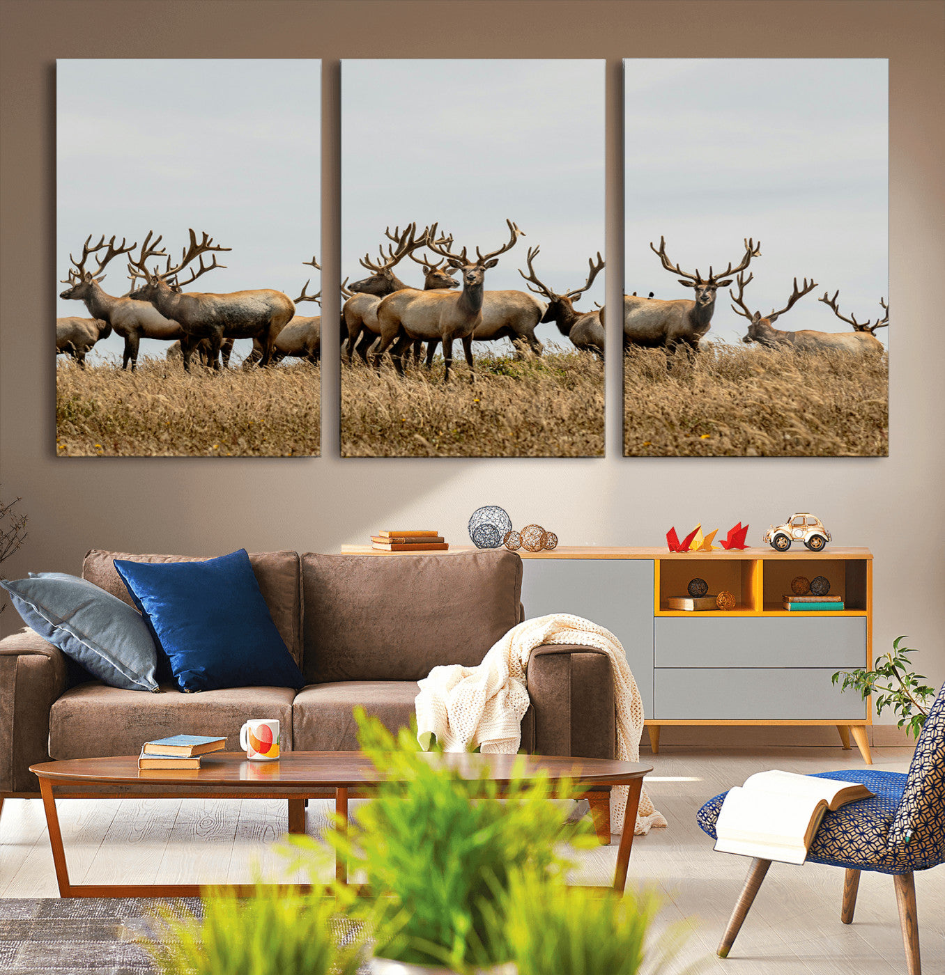 42170220-MGV-CV-36X24-Elk Herd Wall Art Canvas Print – Framed Wildlife Photography Majestic Antlers Nature Scene Artwork for Home Office