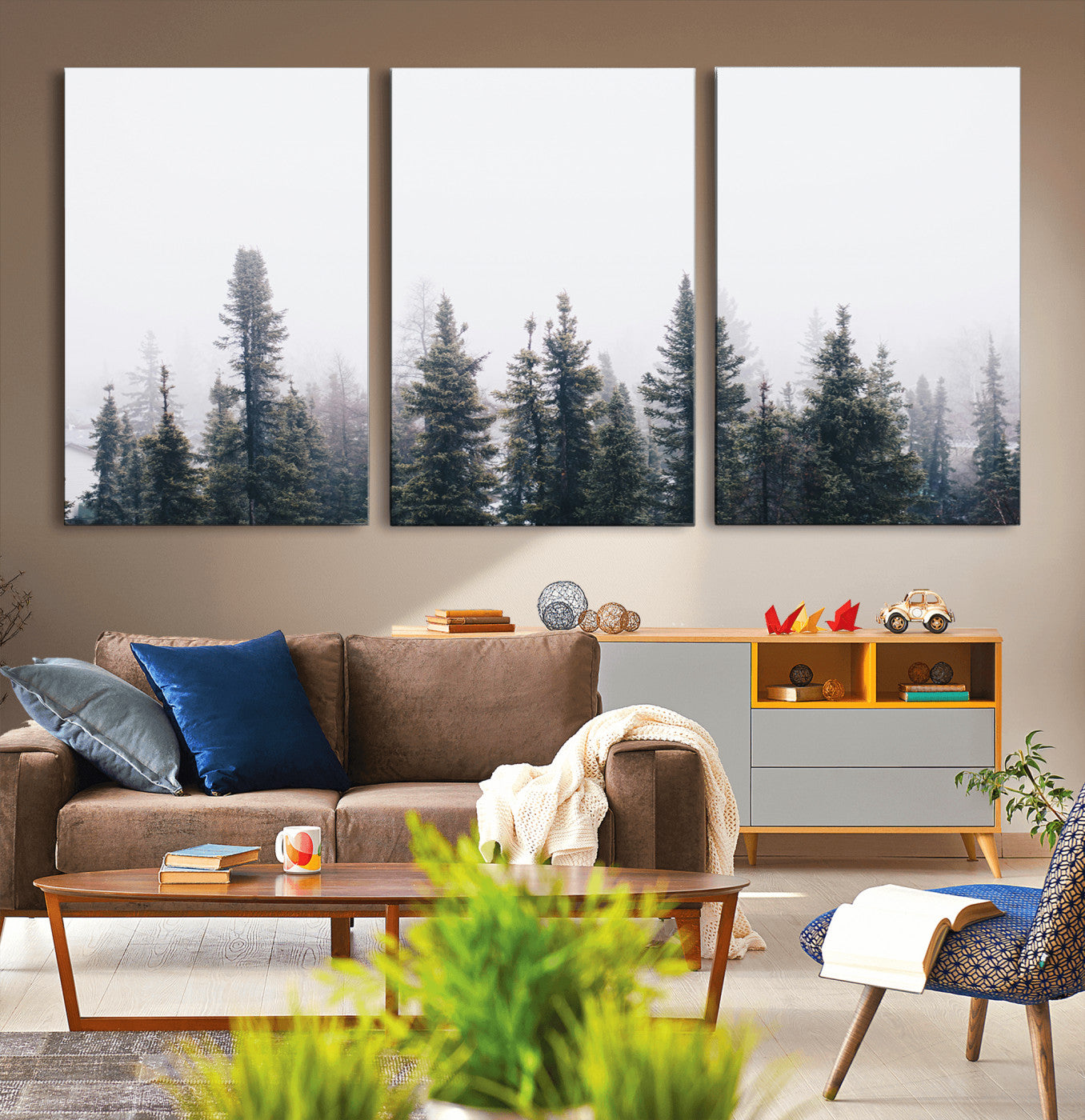 -Foggy Forest Wall Art Canvas Print – Framed Misty Pines Moody Woodland Nature Scene Artwork for Home Office