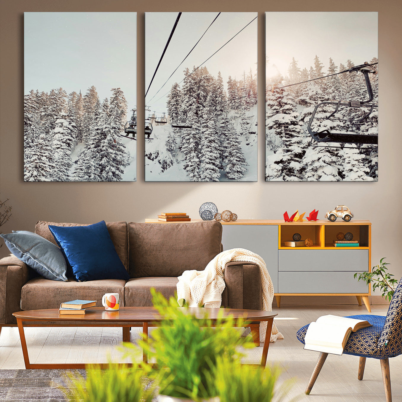 91534512-MGV-CV-36X24-Frosty Pines Wall Art Canvas Print – Framed Cozy Cabin Ski Lift Ride Winter Scene Artwork for Home Office