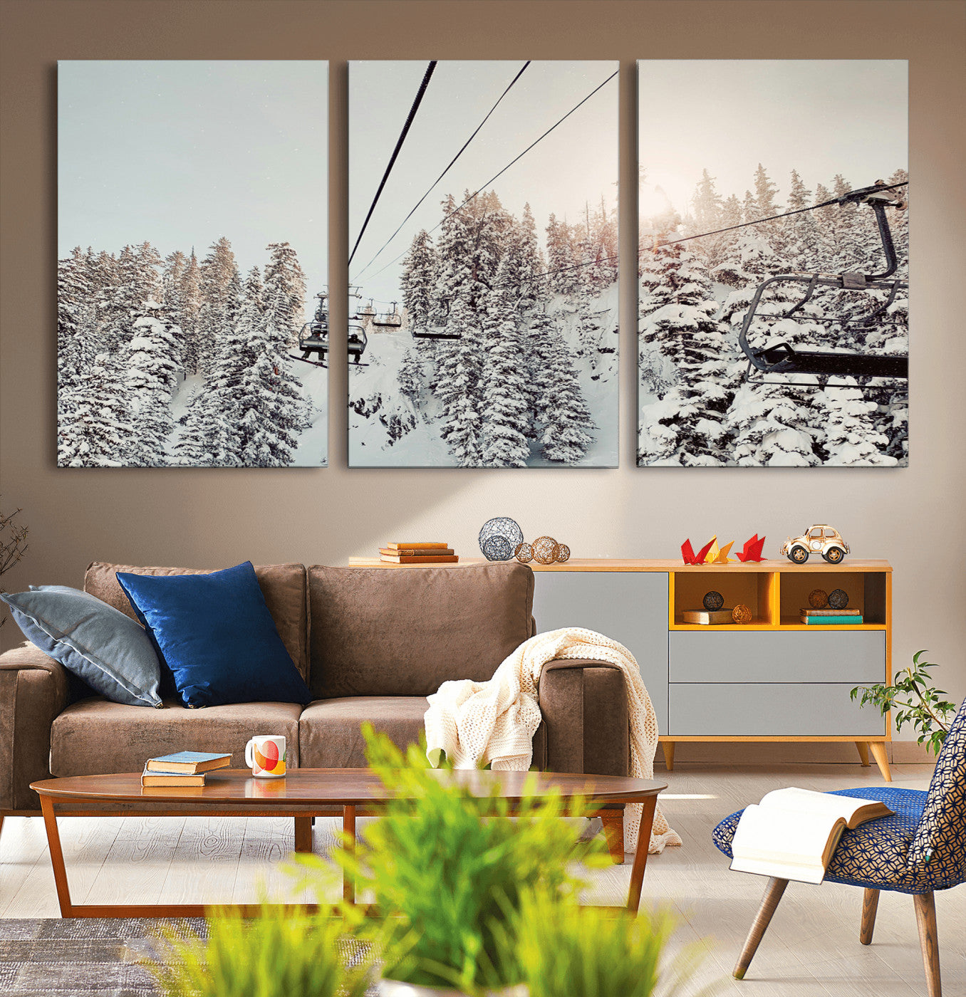91534512-MGV-CV-36X24-Frosty Pines Wall Art Canvas Print – Framed Cozy Cabin Ski Lift Ride Winter Scene Artwork for Home Office
