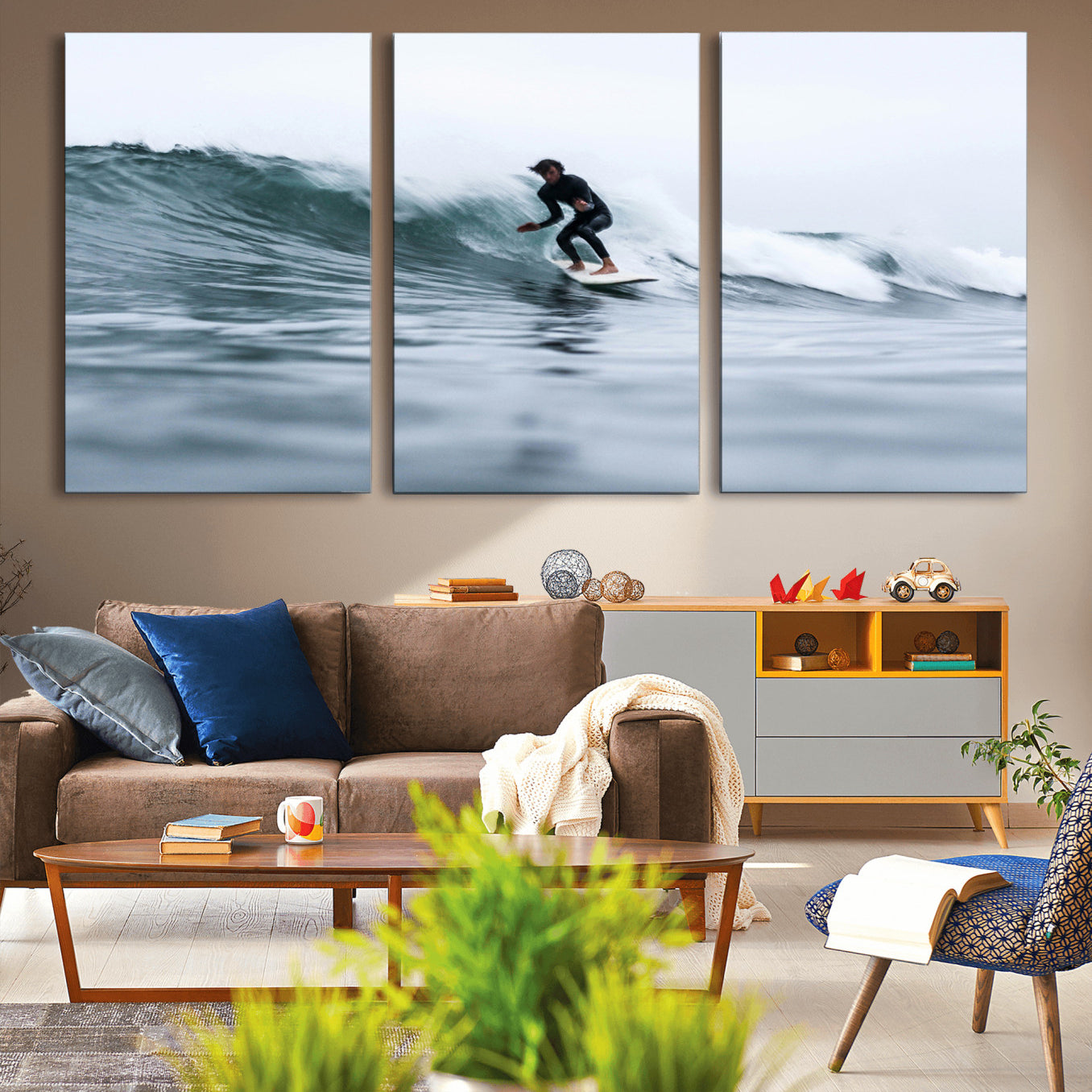 11693607-MGV-CV-36X24-Surfer on Wave Wall Art Canvas Print – Framed Ocean Adventure Motion Blur Water Coastal Action Artwork for Home, Office