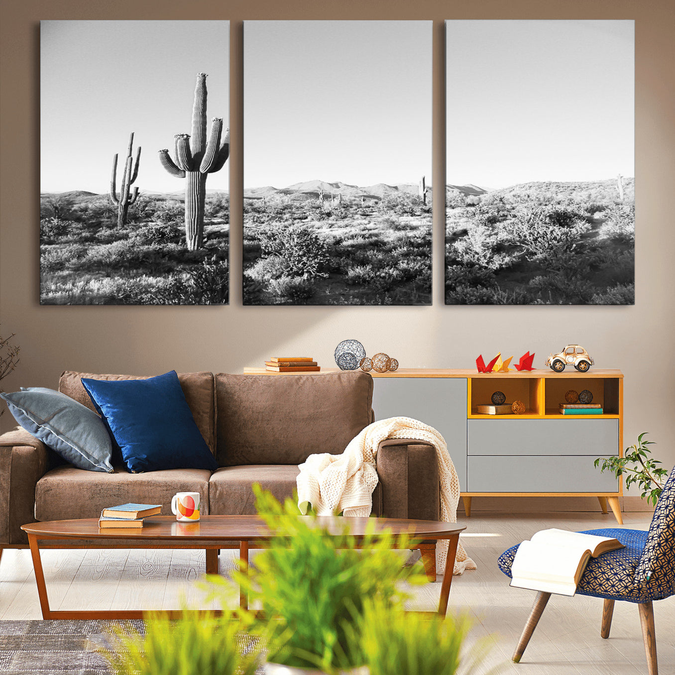 85205054-MGV-CV-36X24-Saguaro Cactus Wall Art Canvas Print – Framed Monochrome Landscape Scenic Arizona Minimalist Western Artwork for Home, Office