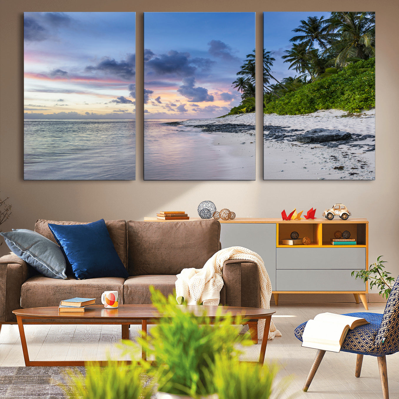 -Tropical Beach Wall Art Canvas Print, Framed Sunset Glow Art Picture Print, Palm Tree Coast Perfect Tropical Coastal Decor Artwork