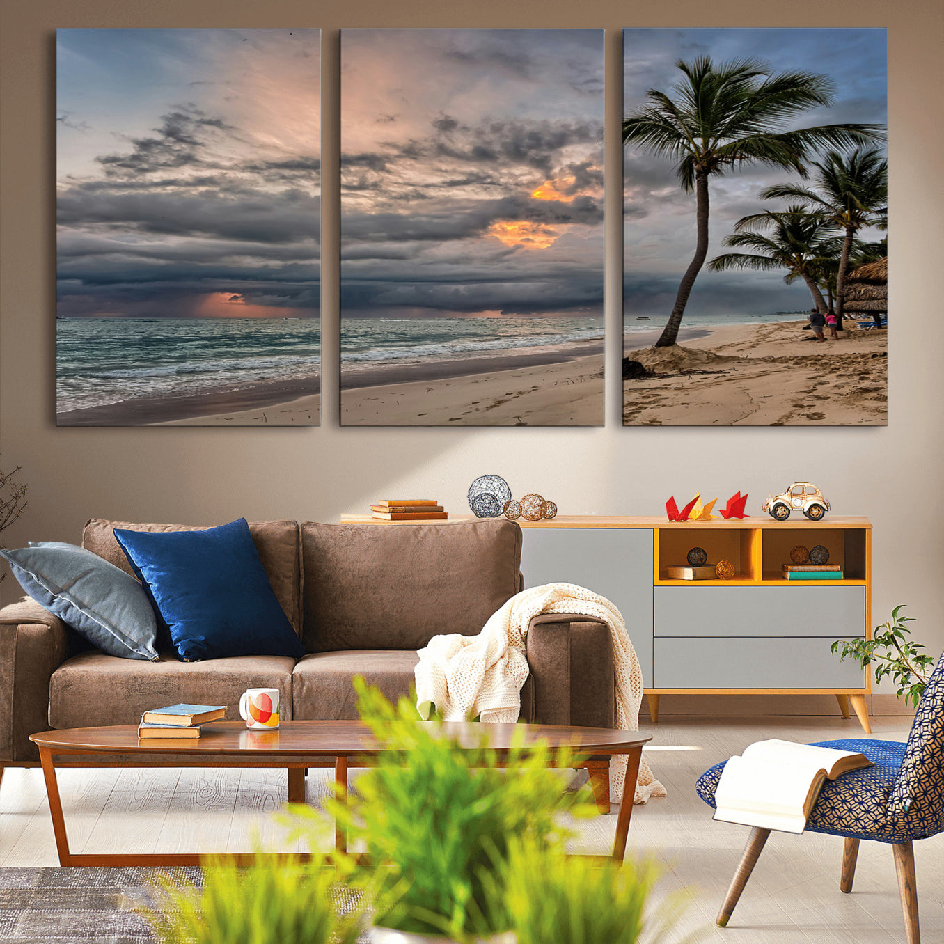 62574547-MGV-CV-36X24-Tropical Storm Wall Art Canvas Print – Framed Moody Beach Dramatic Sky Tropical Coastal Landscape Artwork for Home, Office