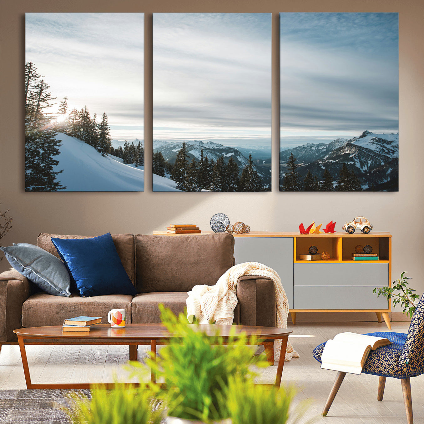 55564749-MGV-CV-36X24-Snowy Mountains Wall Art Canvas Print – Framed Alpine Landscape Frosty Peaks Nordic Minimalist Nature Artwork for Home, Office