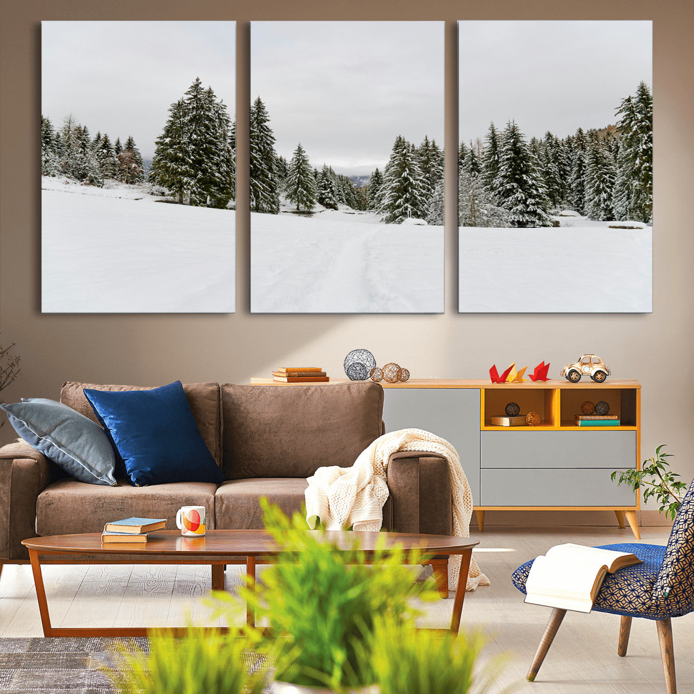24581417-MGV-CV-36X24-Frosty Pines Wall Art Canvas Print – Framed Silent Snowfall Cozy Cabin Nordic Minimalist Winter Landscape Artwork for Home, Office