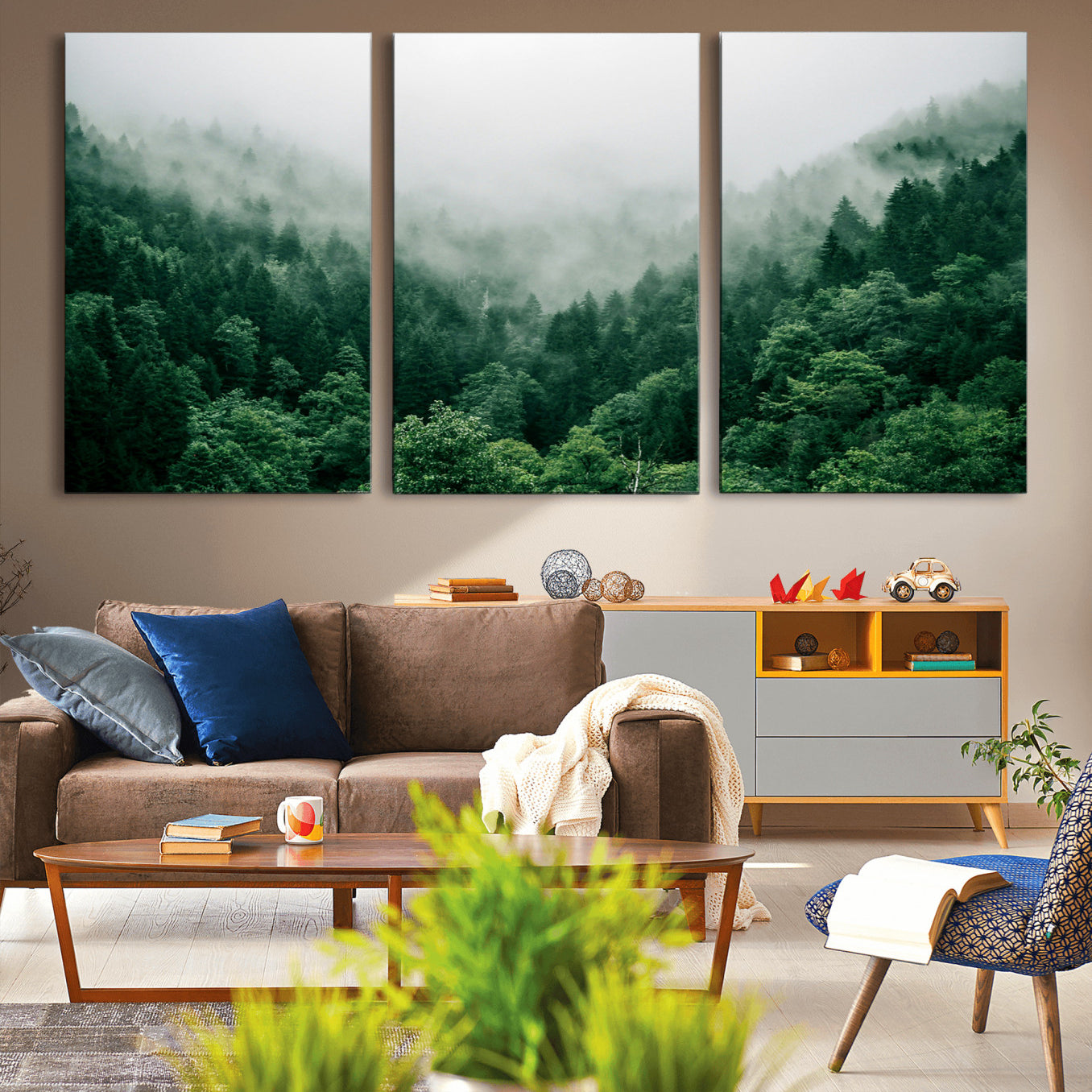 45265379-MGV-CV-36X24-Misty Green Forest Canvas Print – Framed Serene Foggy Pine Landscape Tranquil Nature Wall Art for Home, Office