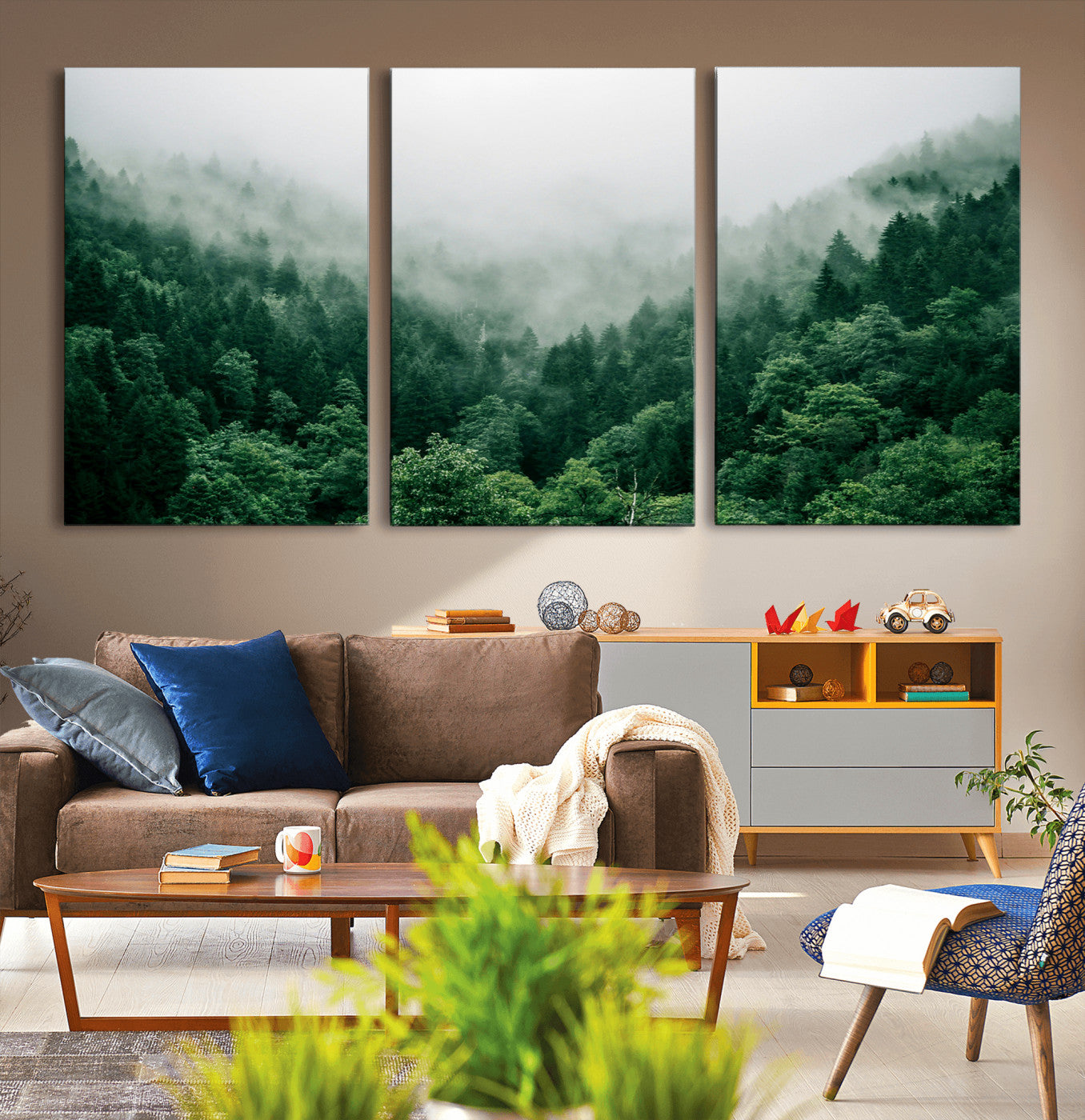 MGV-CV-60X30-3P - Misty Green Forest Canvas Print – Serene Foggy Pine Landscape Wall Art, Tranquil Nature Decor for