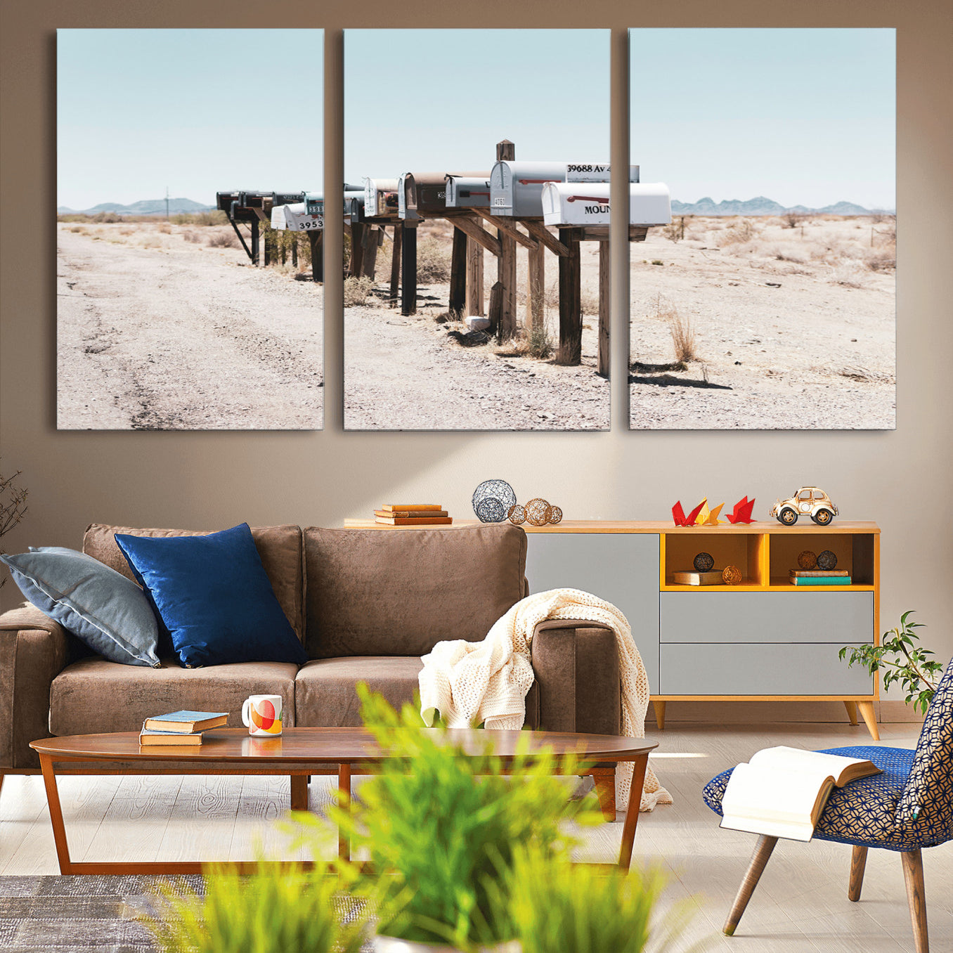 -Desert Mailboxes Canvas Print – Minimal Western Landscape Photography, Rustic Americana Wall Art for