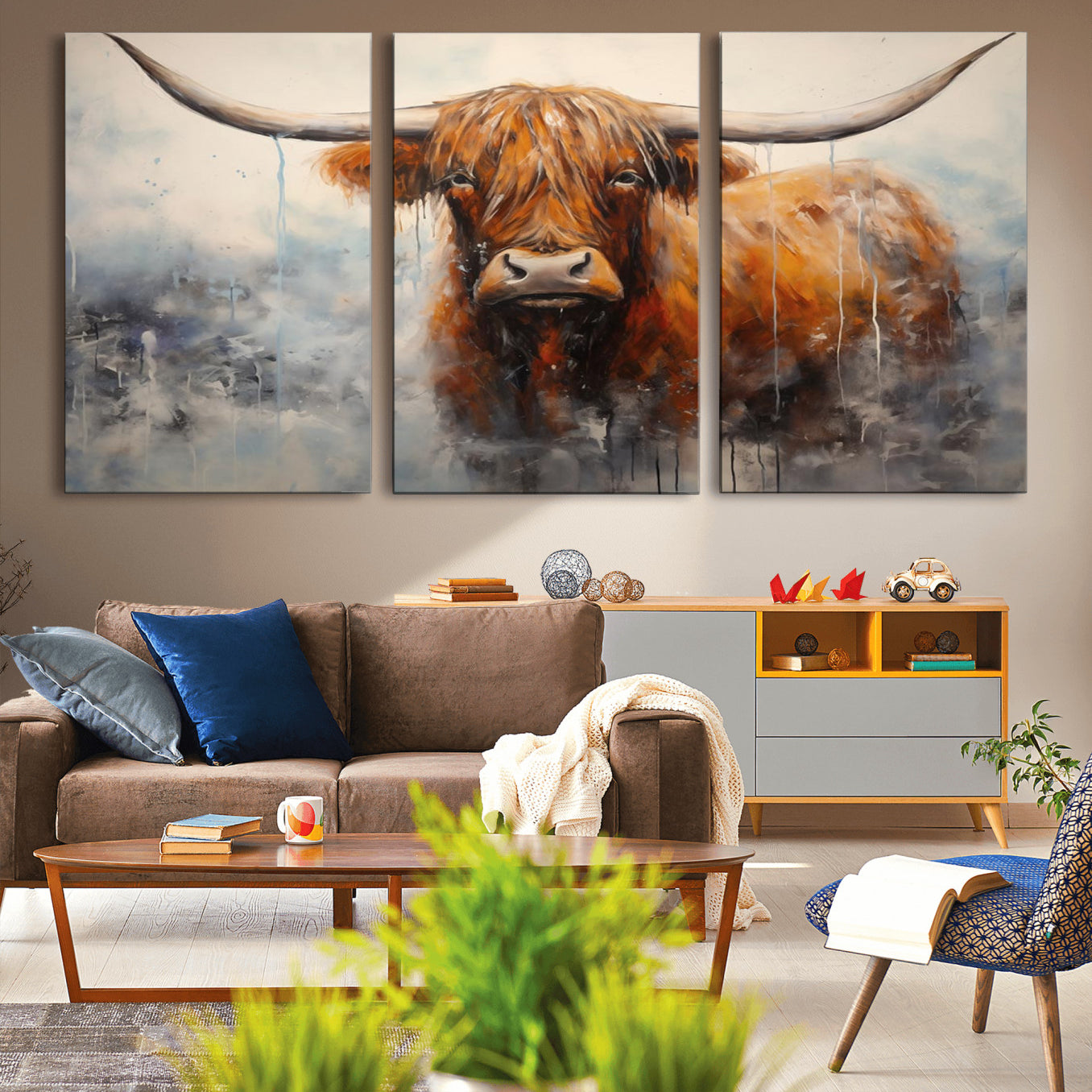 X61001-MGV-CV-36X24-Scottish Highland Wall Art Canvas Print, Framed Longhorn Art Picture Print, Western Cow Perfect Farmhouse Decor Artwork