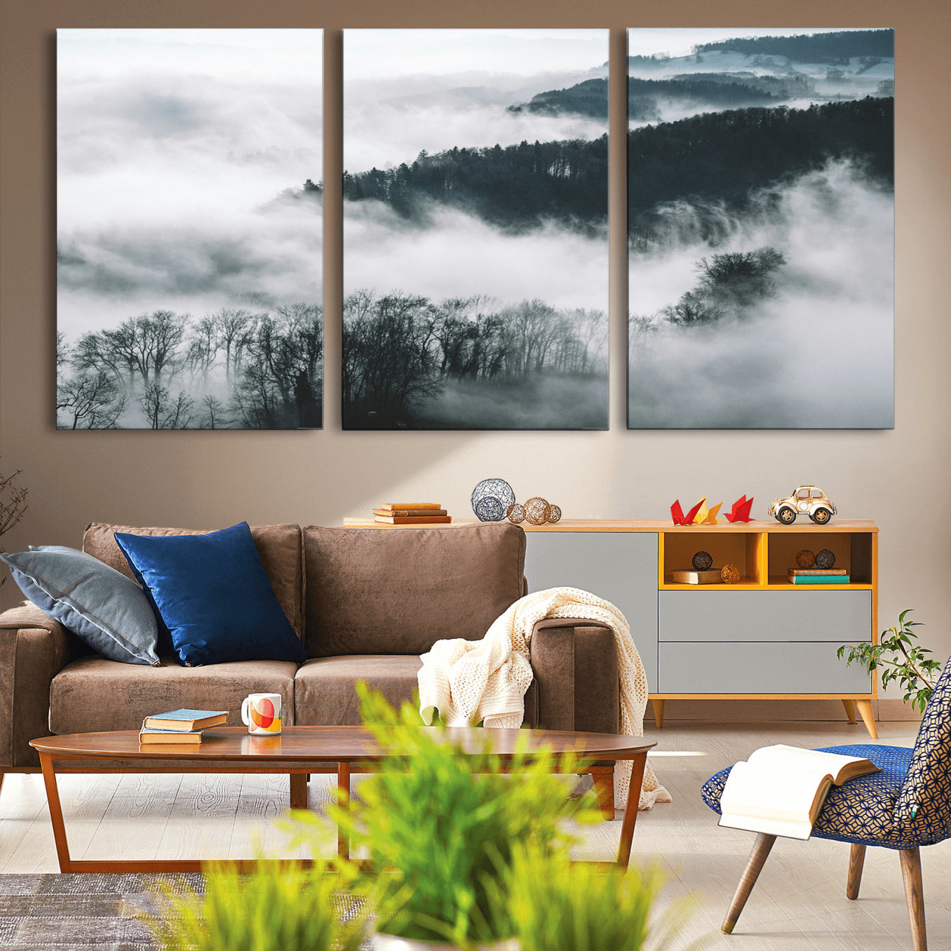 67569654-MGV-CV-36X24-Foggy Forest Landscape Wall Art Canvas Print – Misty Mountain Valley Scene Monochrome Tones Nature Artwork for Home Office