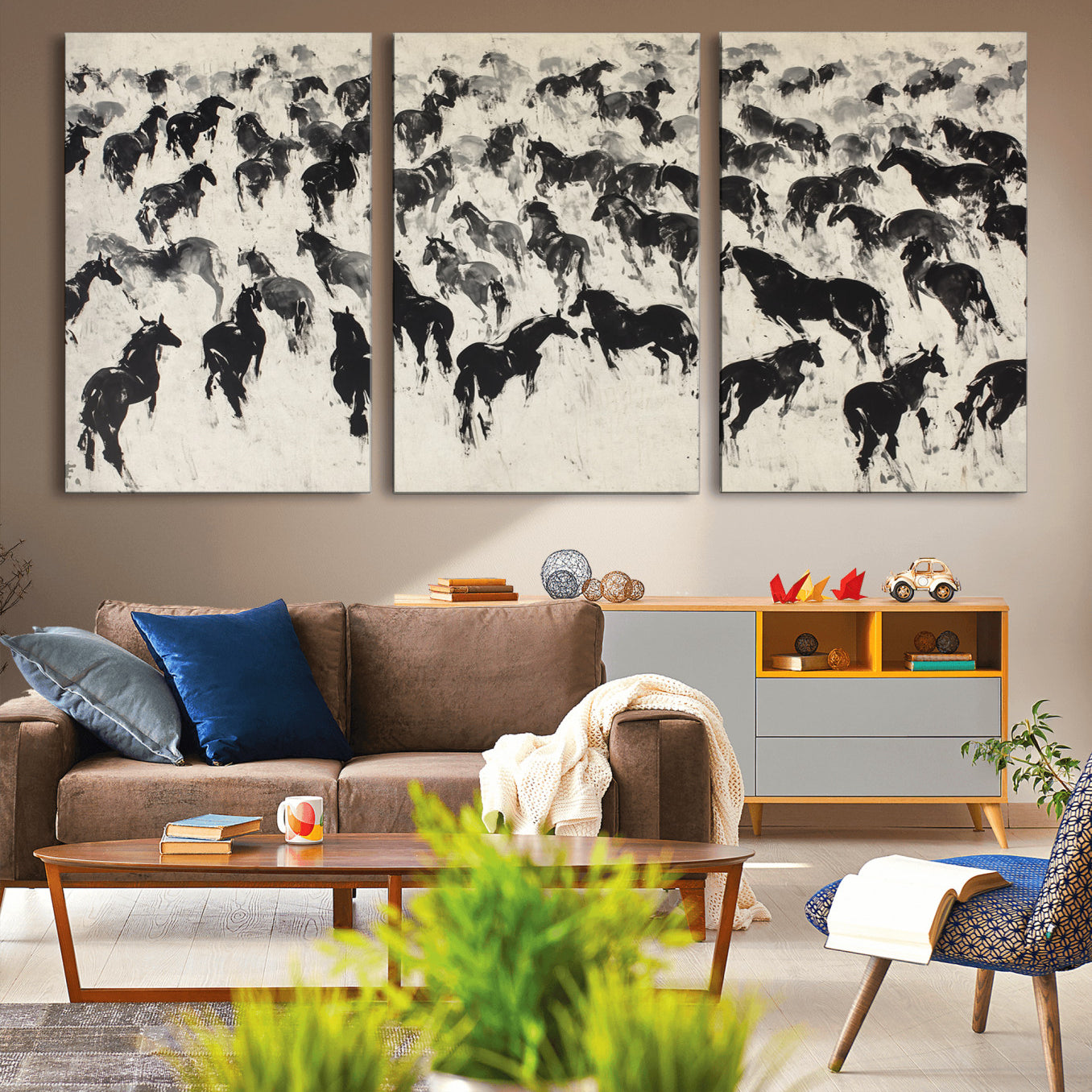 29265745-MGV-CV-36X24-Wild Horse Stampede Wall Art Canvas Print – Monochrome Running Horses Dynamic Motion Elegant Scene Artwork for Home, Office