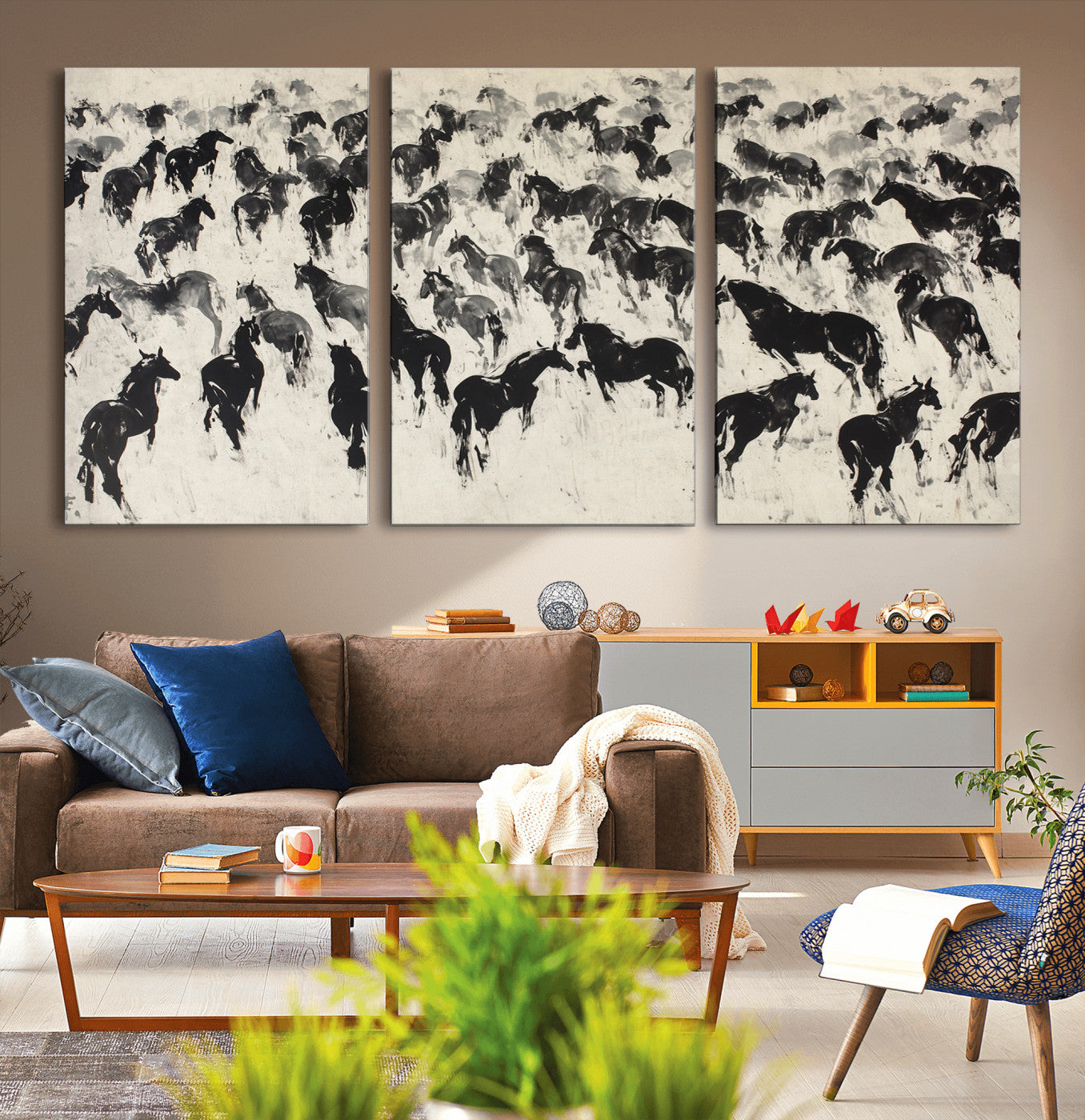 -Wild Horse Stampede Wall Art Canvas Print – Monochrome Running Horses Dynamic Motion Elegant Scene Artwork for Home, Office
