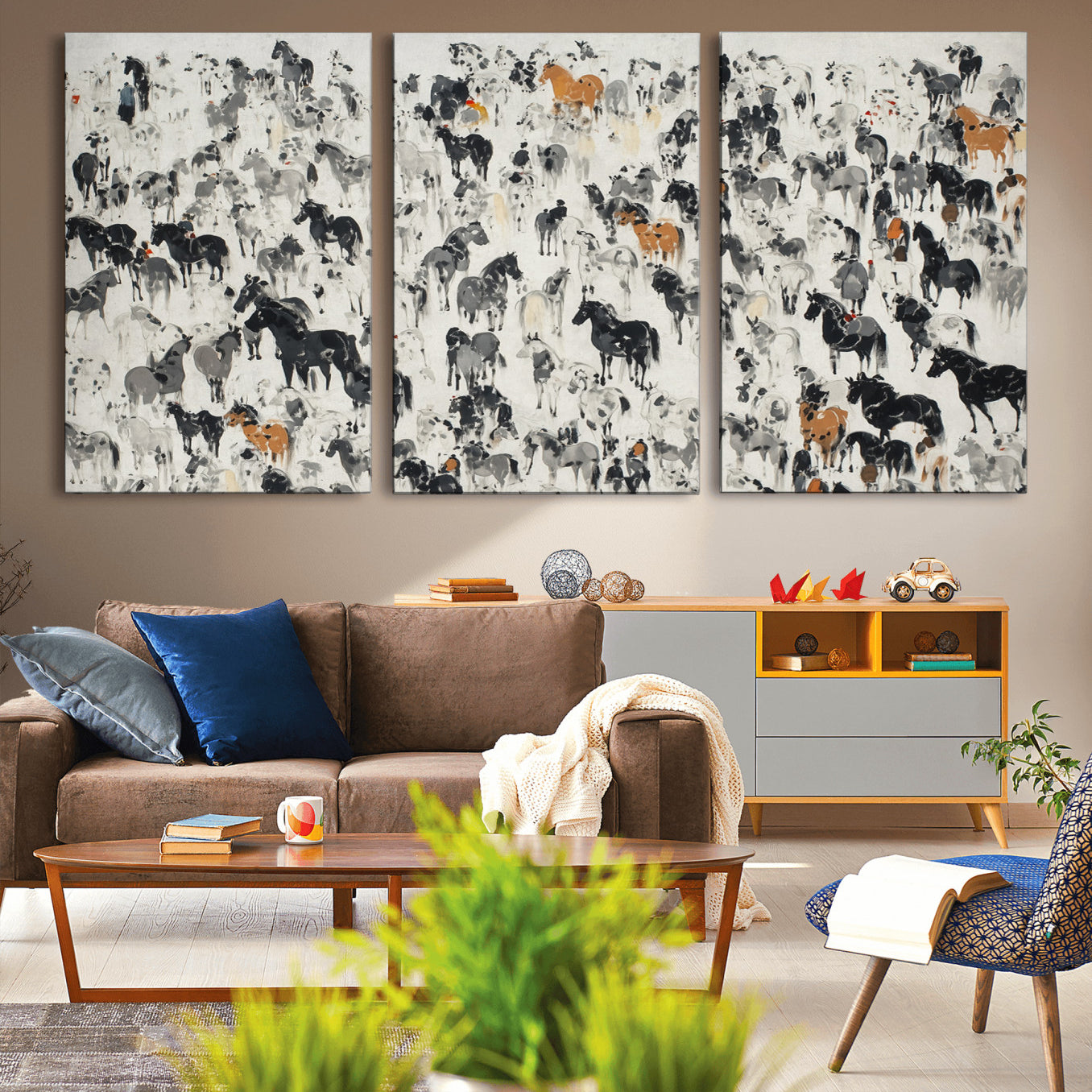 56463722-MGV-CV-36X24-Wild Horse Stampede Wall Art Canvas Print – Monochrome Running Horses Dynamic Motion Elegant Scene Artwork for Home, Office