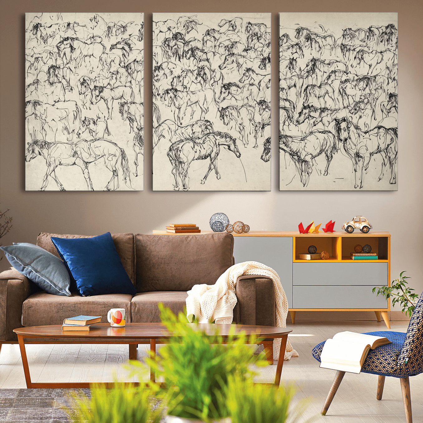 86653927-MGV-CV-36X24-Wild Horse Stampede Wall Art Canvas Print – Monochrome Running Horses Dynamic Motion Elegant Artwork for Home, Office
