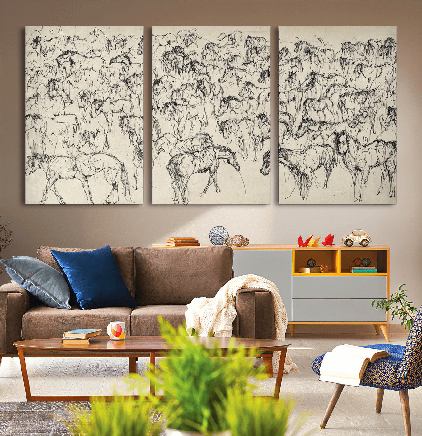 86653927-MGV-CV-36X24-Wild Horse Stampede Wall Art Canvas Print – Monochrome Running Horses Dynamic Motion Elegant Artwork for Home, Office