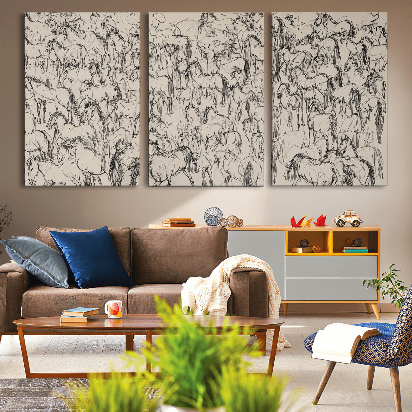12358908-MGV-CV-36X24-Wild Horse Stampede Wall Art Canvas Print – Monochrome Running Horses Dynamic Motion Elegant Artwork for Home, Office