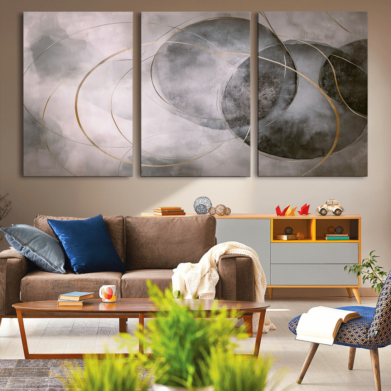20066876-MGV-CV-36X24-Abstract Grey Gold Circle Wall Art – Modern Geometric Canvas Artwork, Minimal Elegant Design, Luxury Wall Decor for Home, Office
