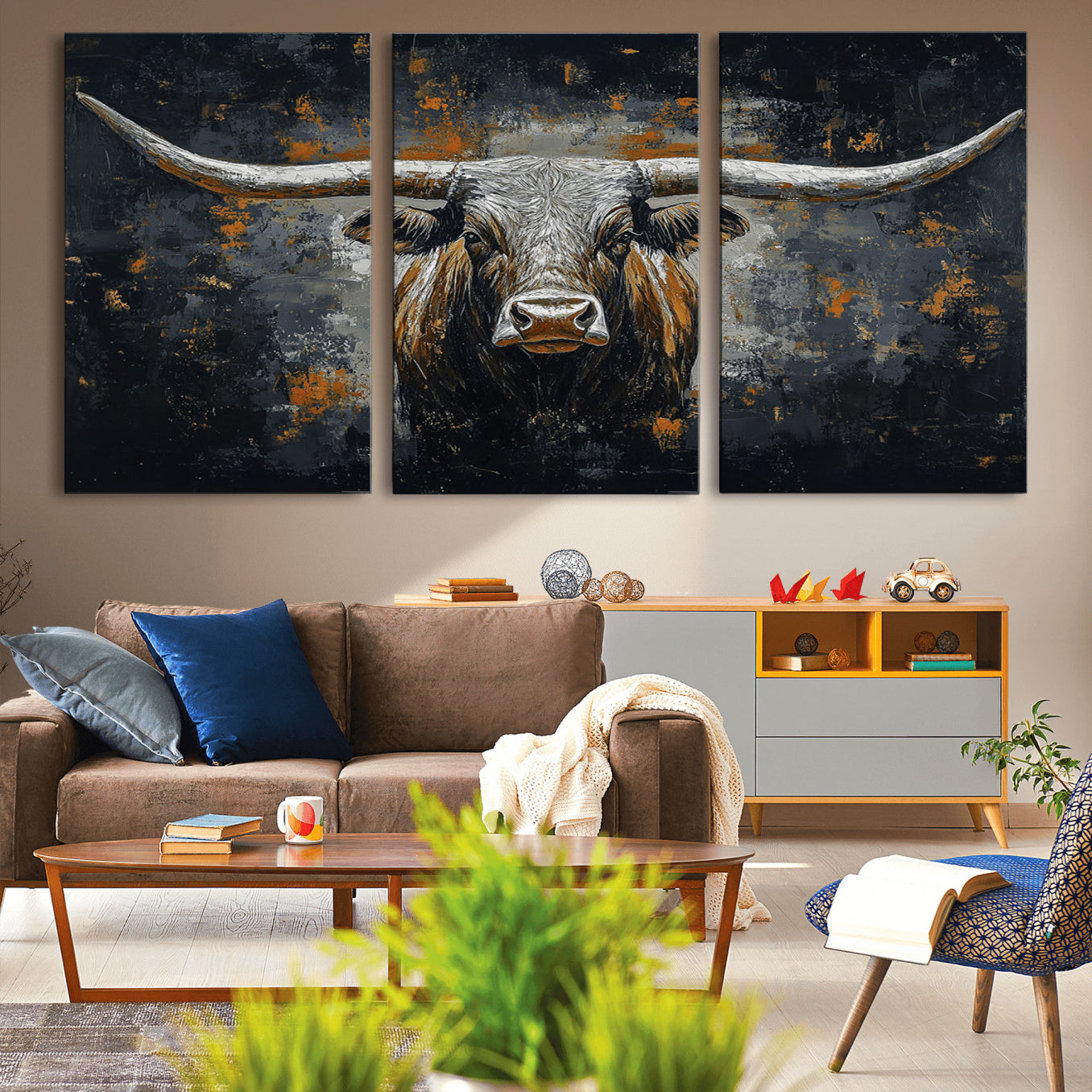 -Rustic Longhorn Bull Wall Art Canvas Print – Vintage Western Cattle Scene, Texas Steer Artwork for Home, Office