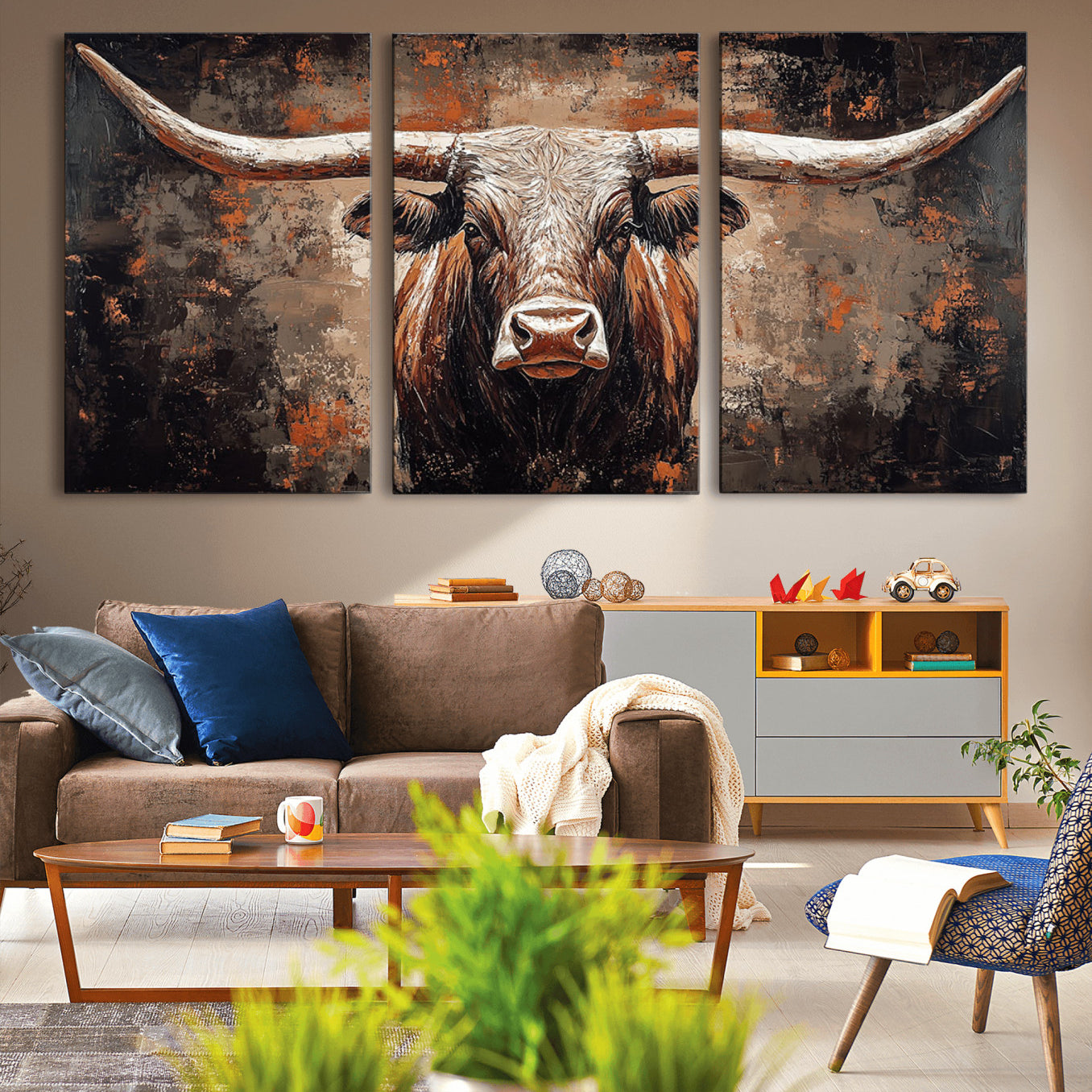 42732393-MGV-CV-36X24-Rustic Longhorn Bull Wall Art Canvas Print – Vintage Western Cattle Scene, Texas Steer Artwork for Home, Office