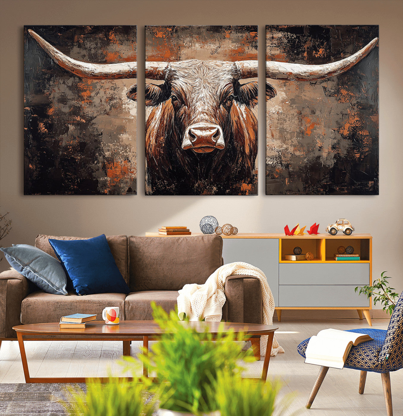 42732393-MGV-CV-36X24-Rustic Longhorn Bull Wall Art Canvas Print – Vintage Western Cattle Scene, Texas Steer Artwork for Home, Office