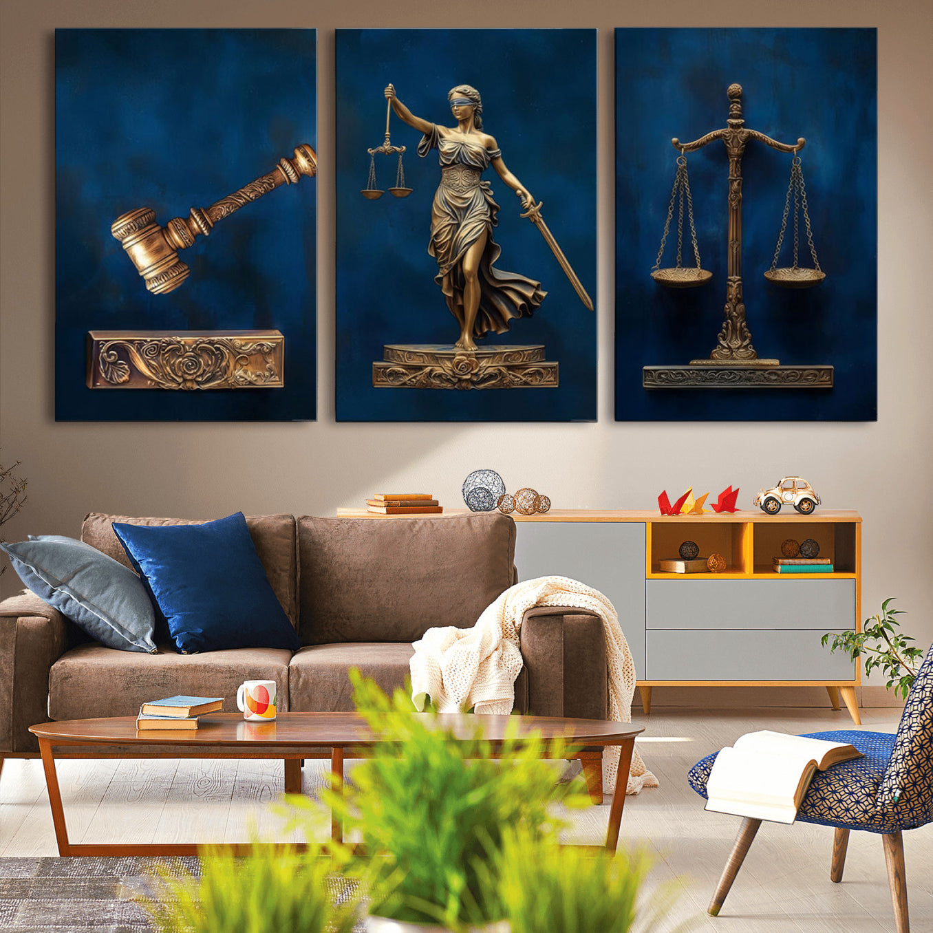 91629053-MGV-CV-36X24-Lady Justice Wall Art Canvas Print – Elegant Gold Legal Symbols Blue Background Artwork for Home, Office, Living Room