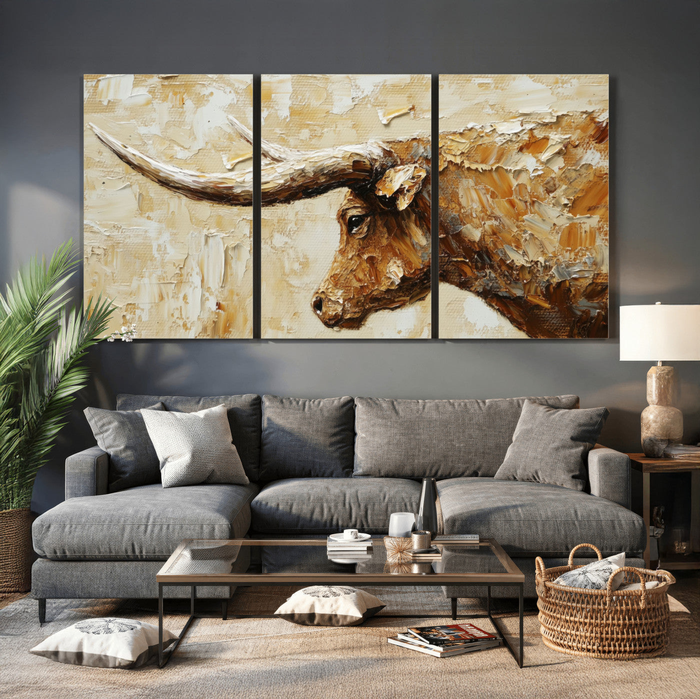 69611428-MGV-CV-36X24 - Rustic Longhorn Bull Wall Art Canvas Print – Vintage Western Cattle Painting, Texas Abstract Wall Cow Prints