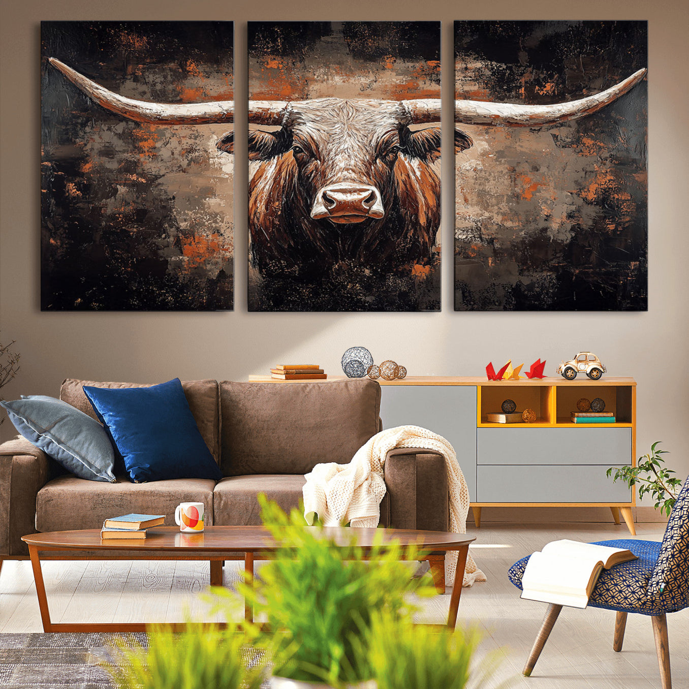 -Rustic Longhorn Bull Wall Art Canvas Print – Vintage Western Cattle Scene, Texas Steer Artwork for Home, Office
