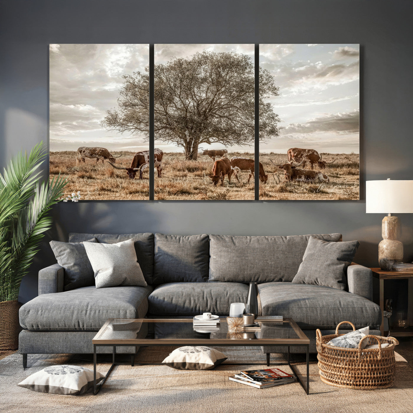 87590224-MGV-CV-36X24 - Texas Longhorn Cattle Wall Art Canvas Print – Rustic Western Ranch Scene with Steers at Sunset, Perfect for Farmhouse or Cowboy Decor