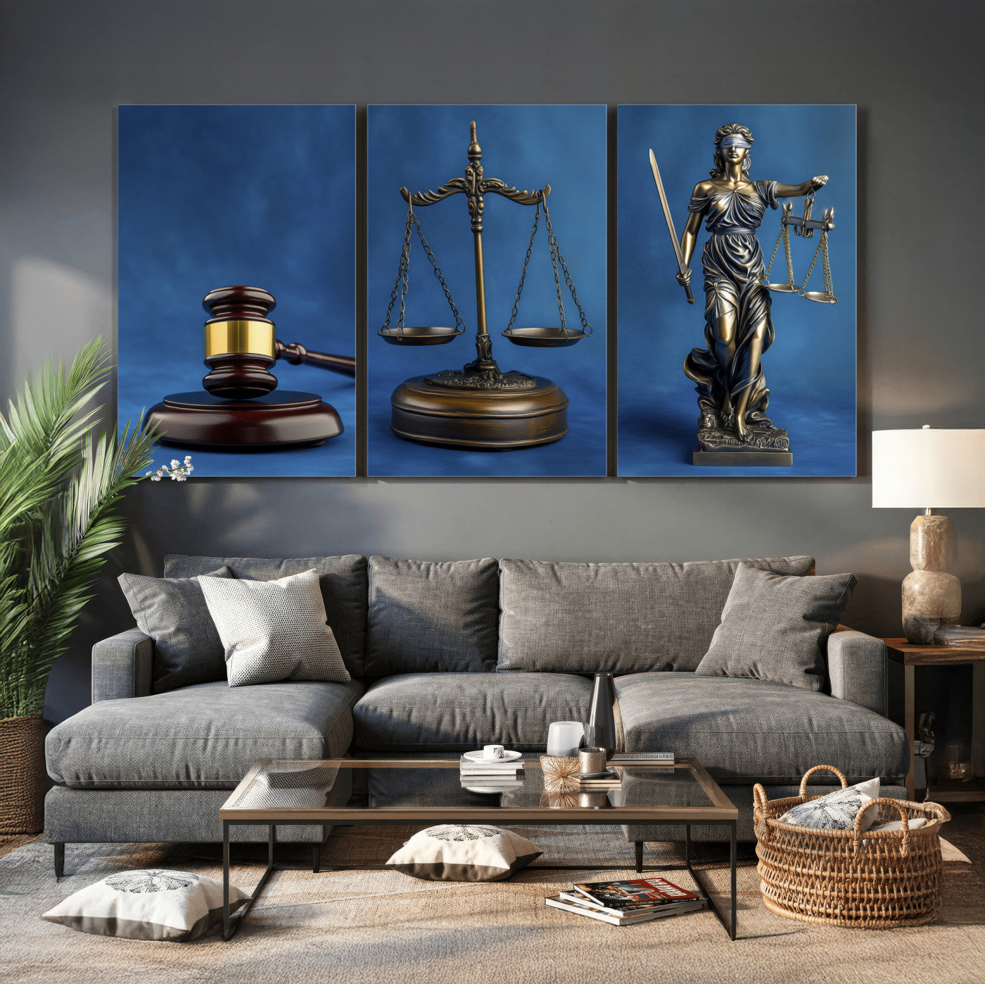 27565987-MGV-CV-60X30-3P - Legal Justice Wall Art Canvas – Gavel, Scales & Lady Justice with Courtroom Canvas Print for Law Office or Lawyer Gifts