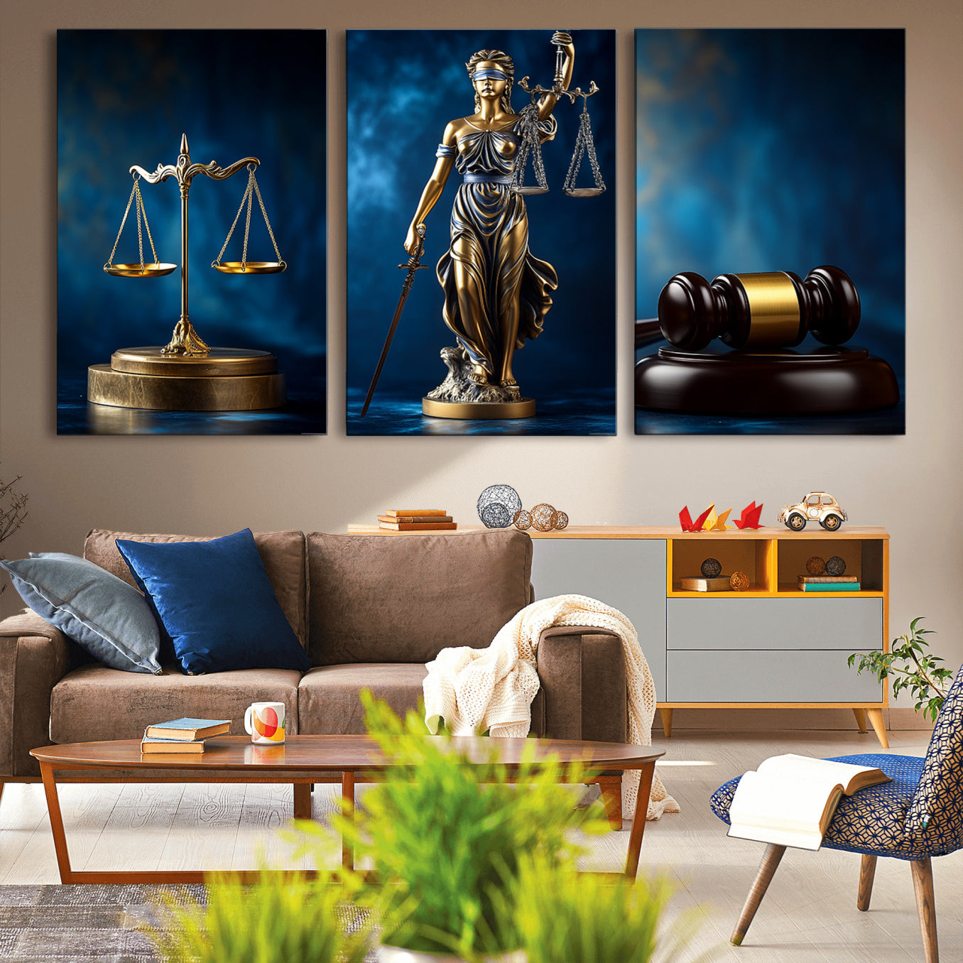 33888279-MGV-FP-36X24-3P_Walnut-Lady Justice Wall Art Canvas Print – Elegant Gold Legal Symbols Blue Background, Perfect for Law