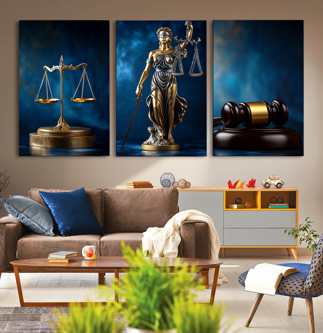 33888279-MGV-FP-36X24-3P_Walnut-Lady Justice Wall Art Canvas Print – Elegant Gold Legal Symbols Blue Background, Perfect for Law