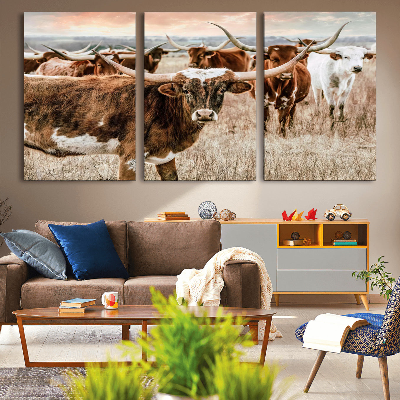 -Texas Longhorn Cattle Wall Art Canvas Print – Rustic Western Ranch Scene with Steers Sunset for Home, Office