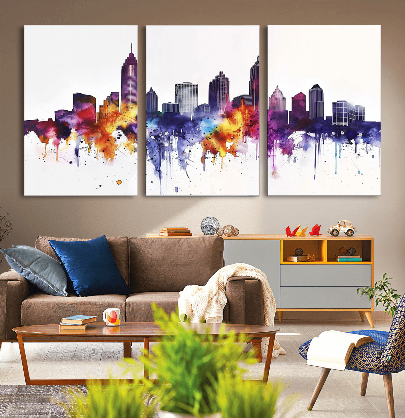 34479880-MGV-CV-60X30-3P-Atlanta Skyline Wall Art Canvas Print – Framed Colorful Watercolor Cityscape Artwork for Home, Office, Living Room
