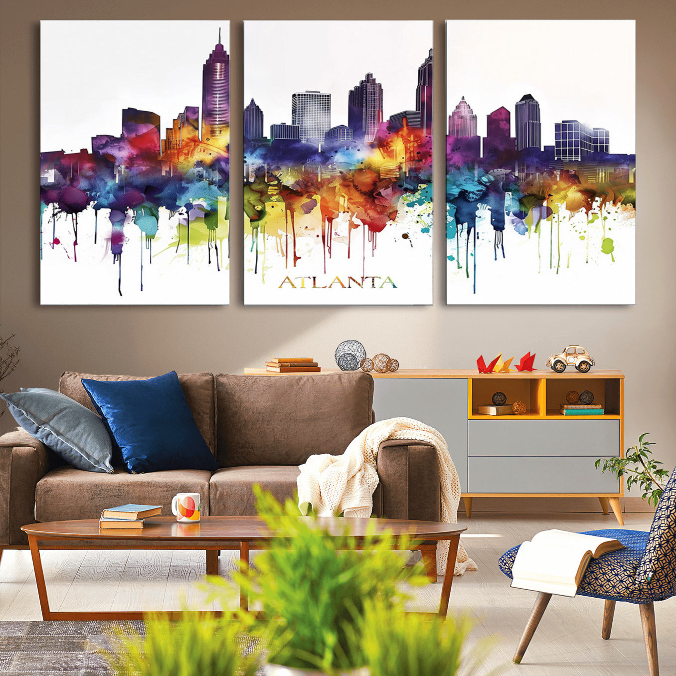 36048320-MGV-CV-36X24-Atlanta Skyline Wall Art Canvas Print – Framed Colorful Watercolor Cityscape Abstract Urban Artwork for Home, Office
