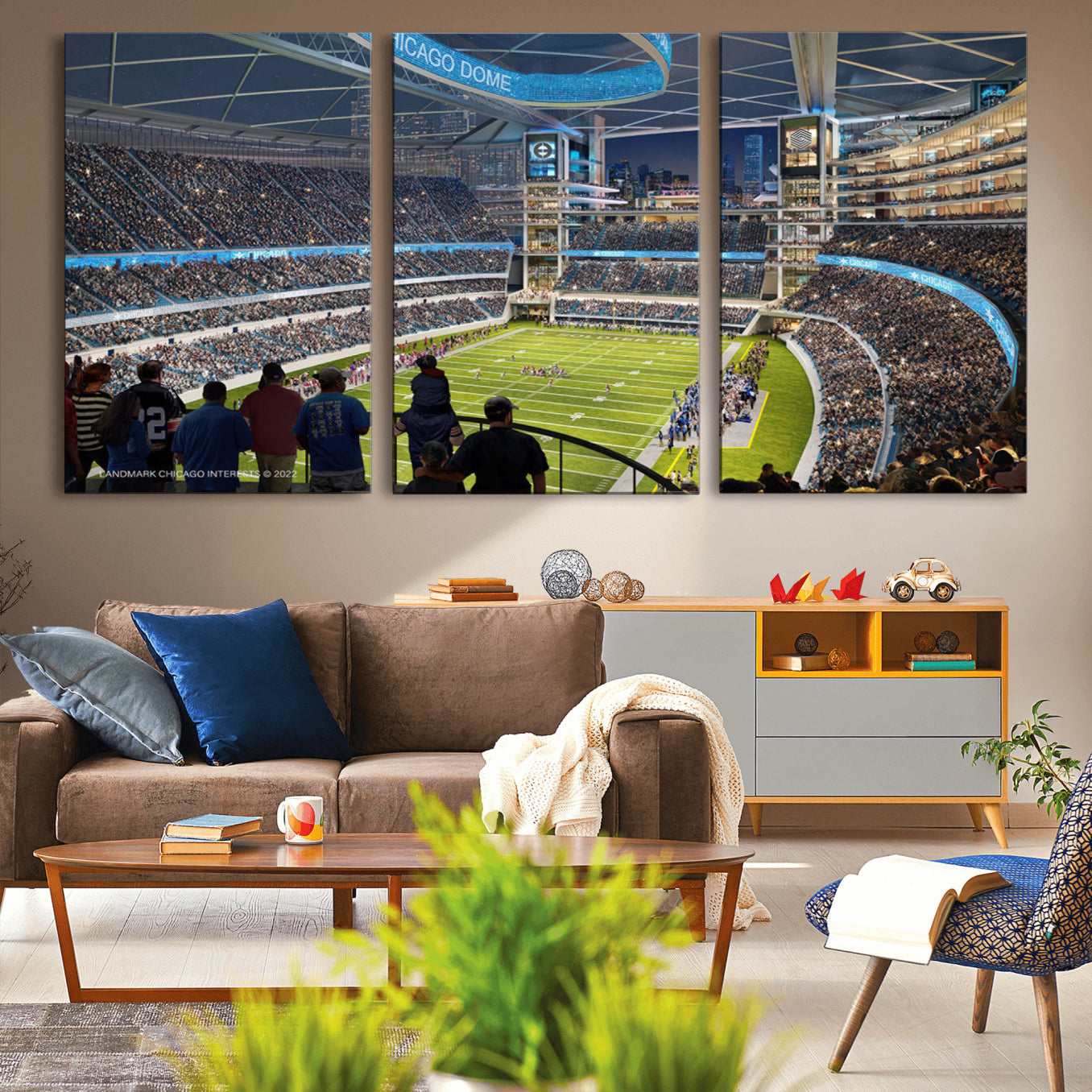 41816511-MGV-CV-60X30-3P-Chicago Dome Stadium Wall Art Canvas Print – Framed Modern Football Arena City Skyline Artwork for Home, Office