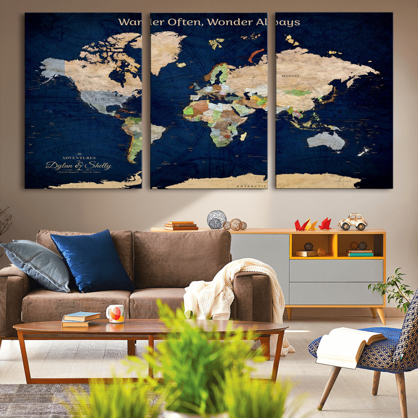 Rehber01-MGV-CV-36X24-Personalized World Map Canvas – Custom Framed Push Pin Travel Map Wall Art, Navy Blue Vintage Gift for Couples and Adventurers