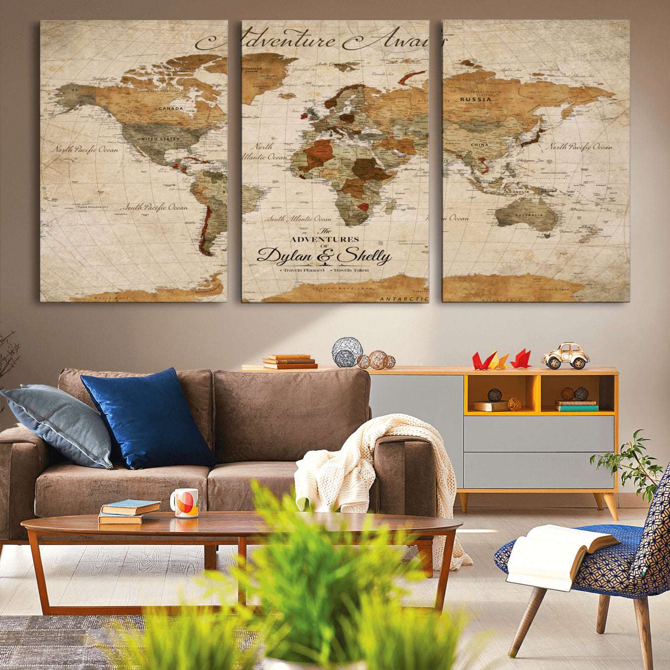 -Personalized Push Pin World Map Canvas Print – Custom Adventure Travel Map, Framed Wall Art Gift for Couples or Family