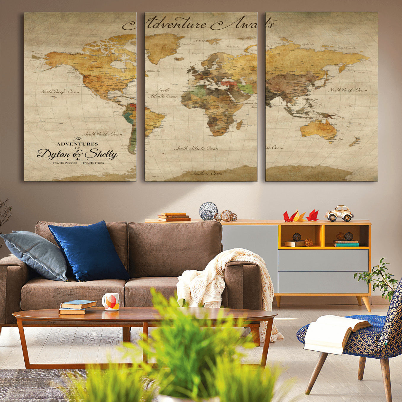 Rehber01-MGV-CV-36X24-Personalized World Map Canvas – Custom Framed Push Pin Travel Map Wall Art, Rustic Vintage Gift for Couples and Travel Lovers