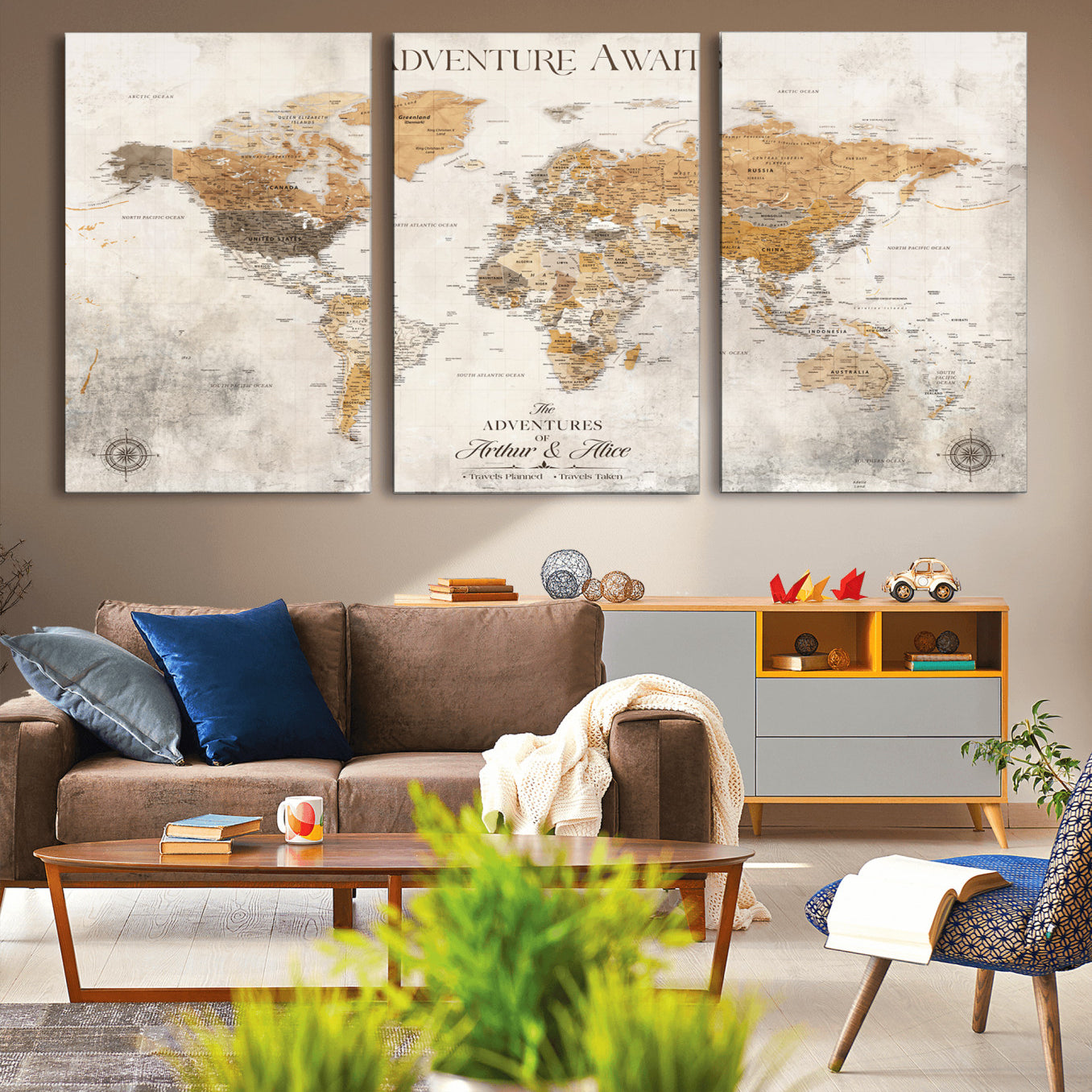 Rehber01-MGV-CV-36X24-Personalized World Map Canvas Print – Custom Push Pin Travel Map Vintage Neutral Style Gift for Couples Travelers for Home Office
