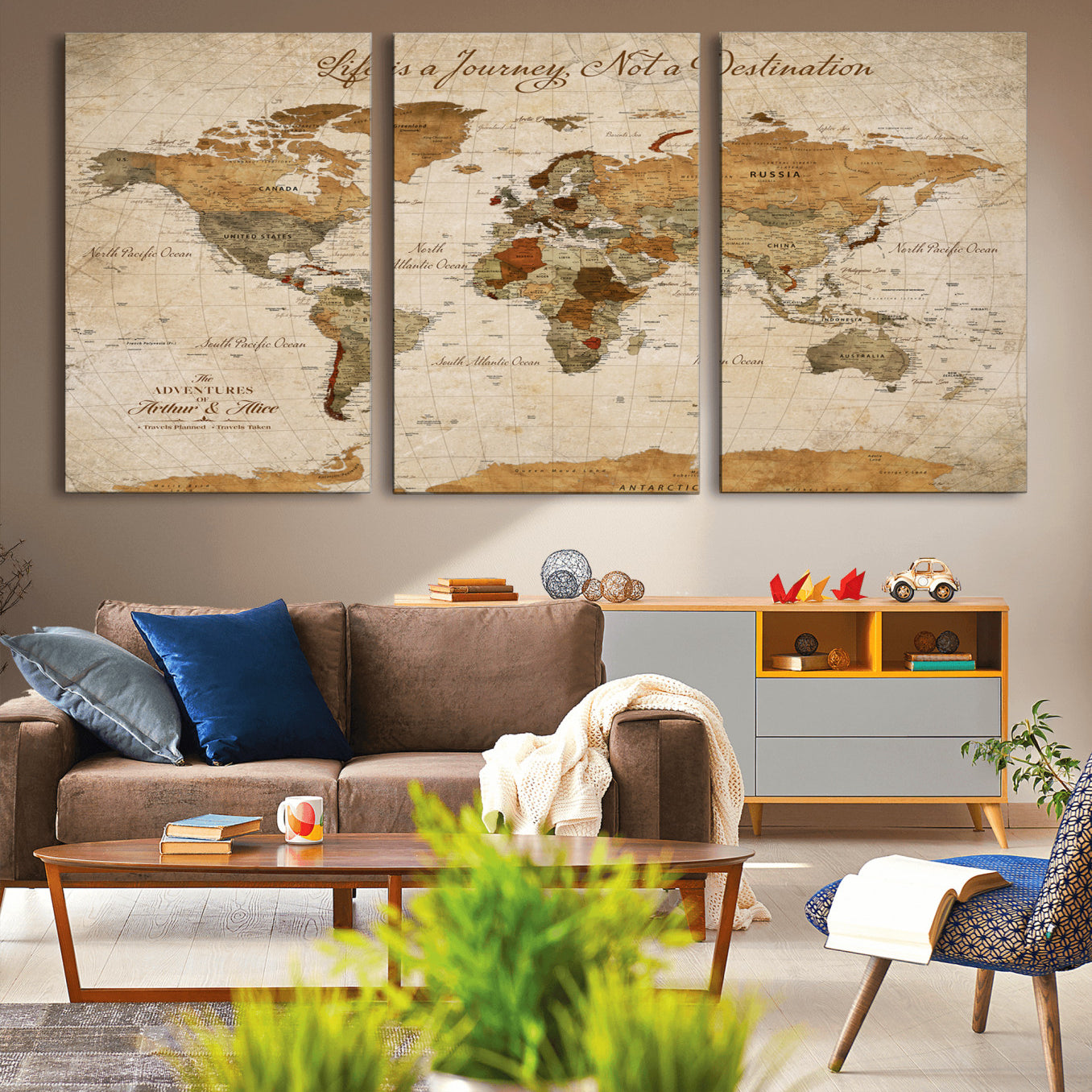 Rehber01-MGV-CV-36X24-Personalized Vintage World Map Canvas – Custom Framed Push Pin Travel Map Wall Art, Rustic Gift for Couples and Travel Lovers